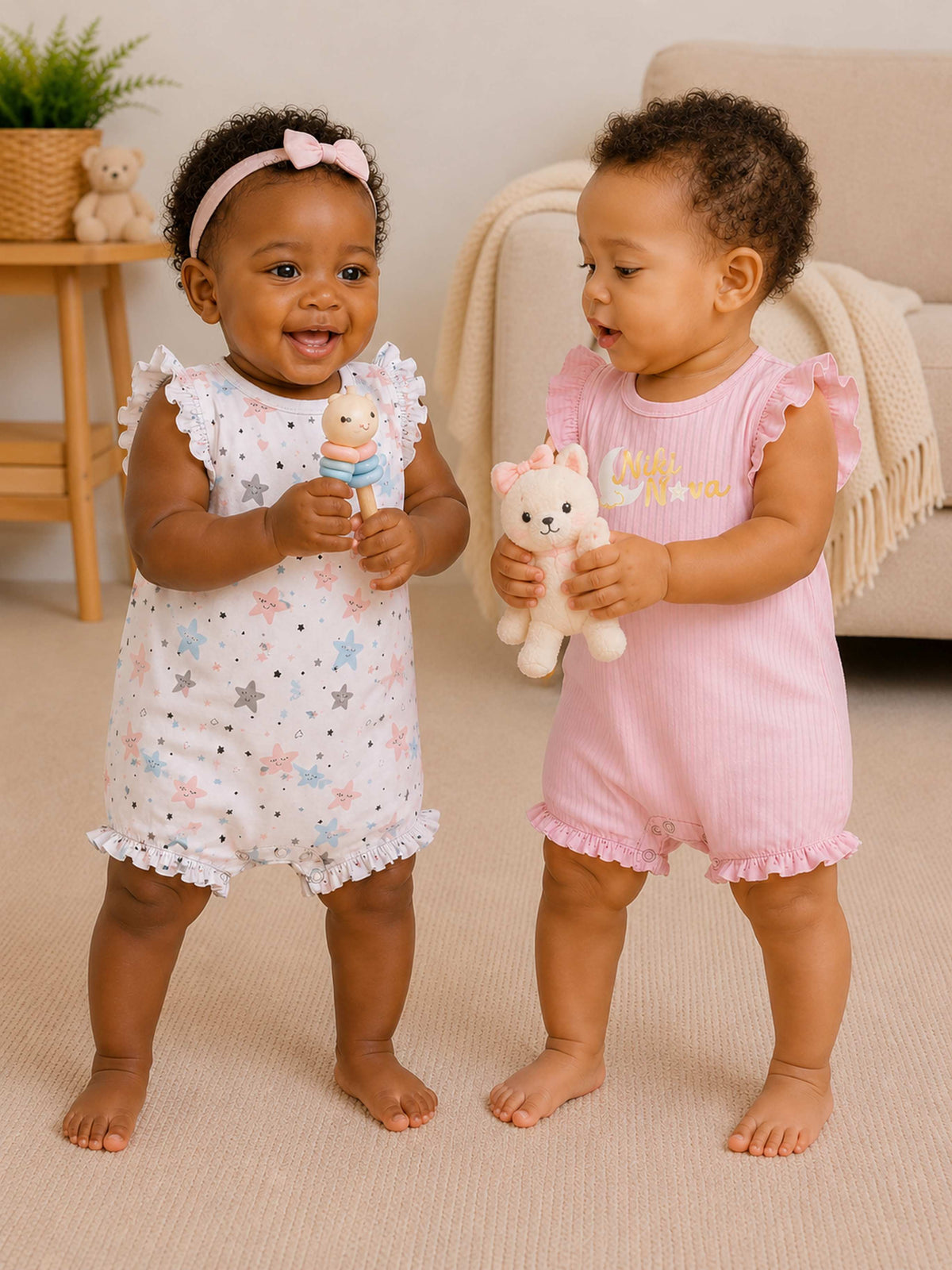 Niki Nova Baby Girls Flutter Sleeve Romper Set Soft Cotton