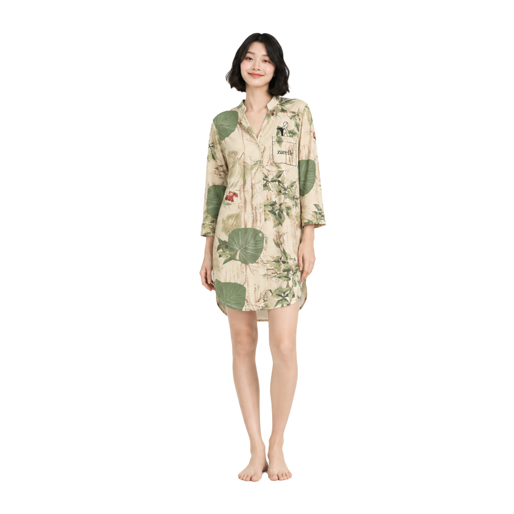 Contemporary Naturewear Sleepwear Shirt Dress for Women | Premium Botanical Print Lounge & Nightwear | Soft, Breathable, Relaxed Fit Sleep Dress