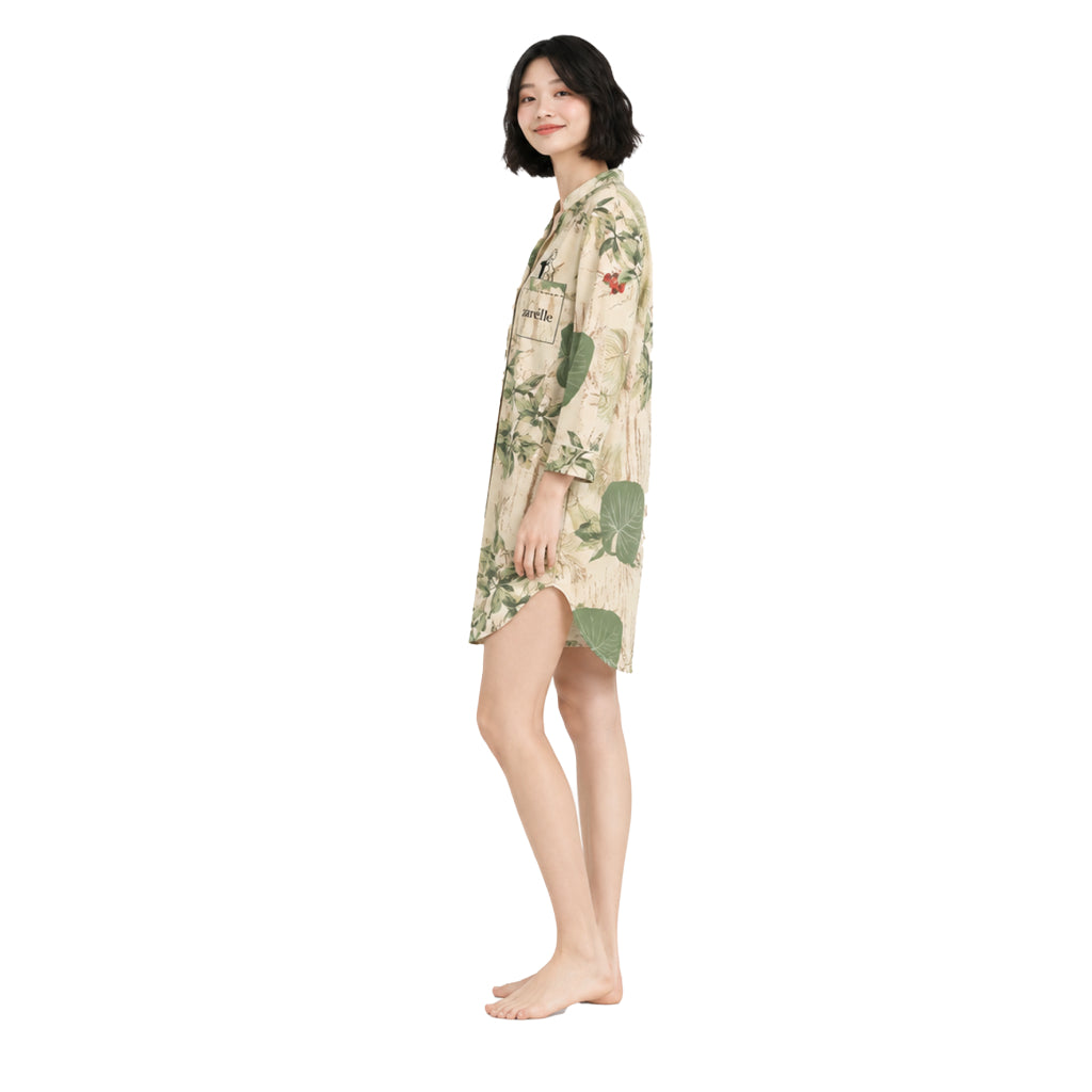 Contemporary Naturewear Sleepwear Shirt Dress for Women | Premium Botanical Print Lounge & Nightwear | Soft, Breathable, Relaxed Fit Sleep Dress