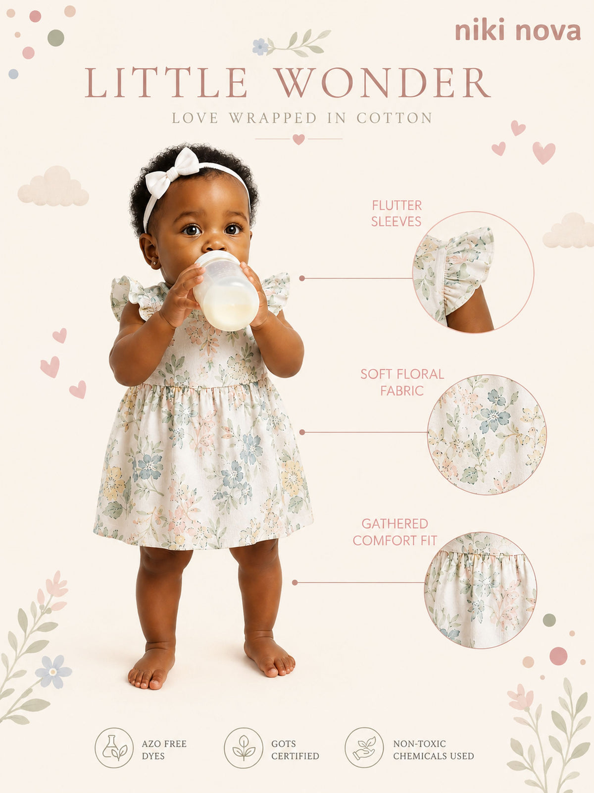 Niki Nova Baby Girls Flutter Dress Soft Cotton Everyday Wear