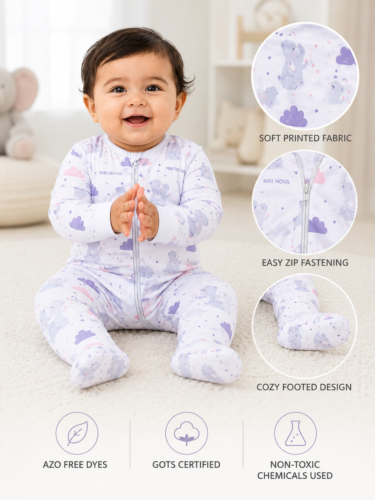 Niki Nova Baby Zip Sleepsuit Soft Cotton for Baby Boys & Girls