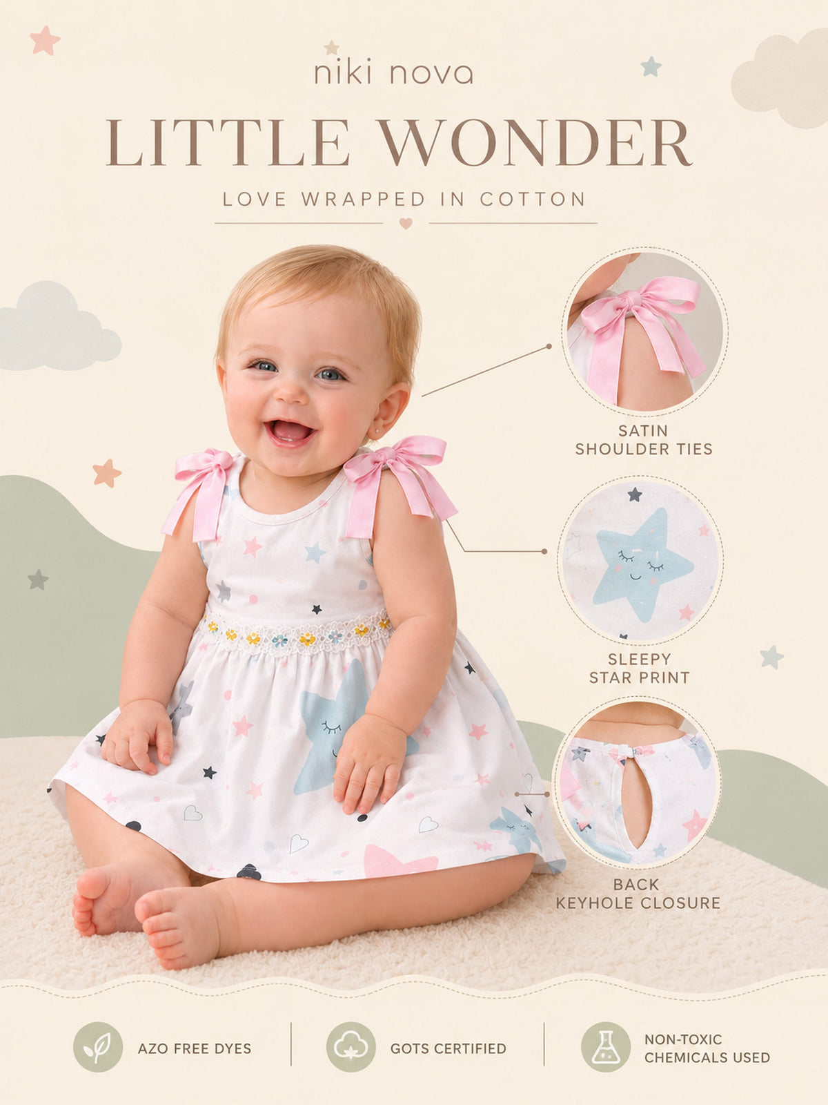 Niki Nova Baby Girls Knotted Dress Soft Cotton Casual Wear