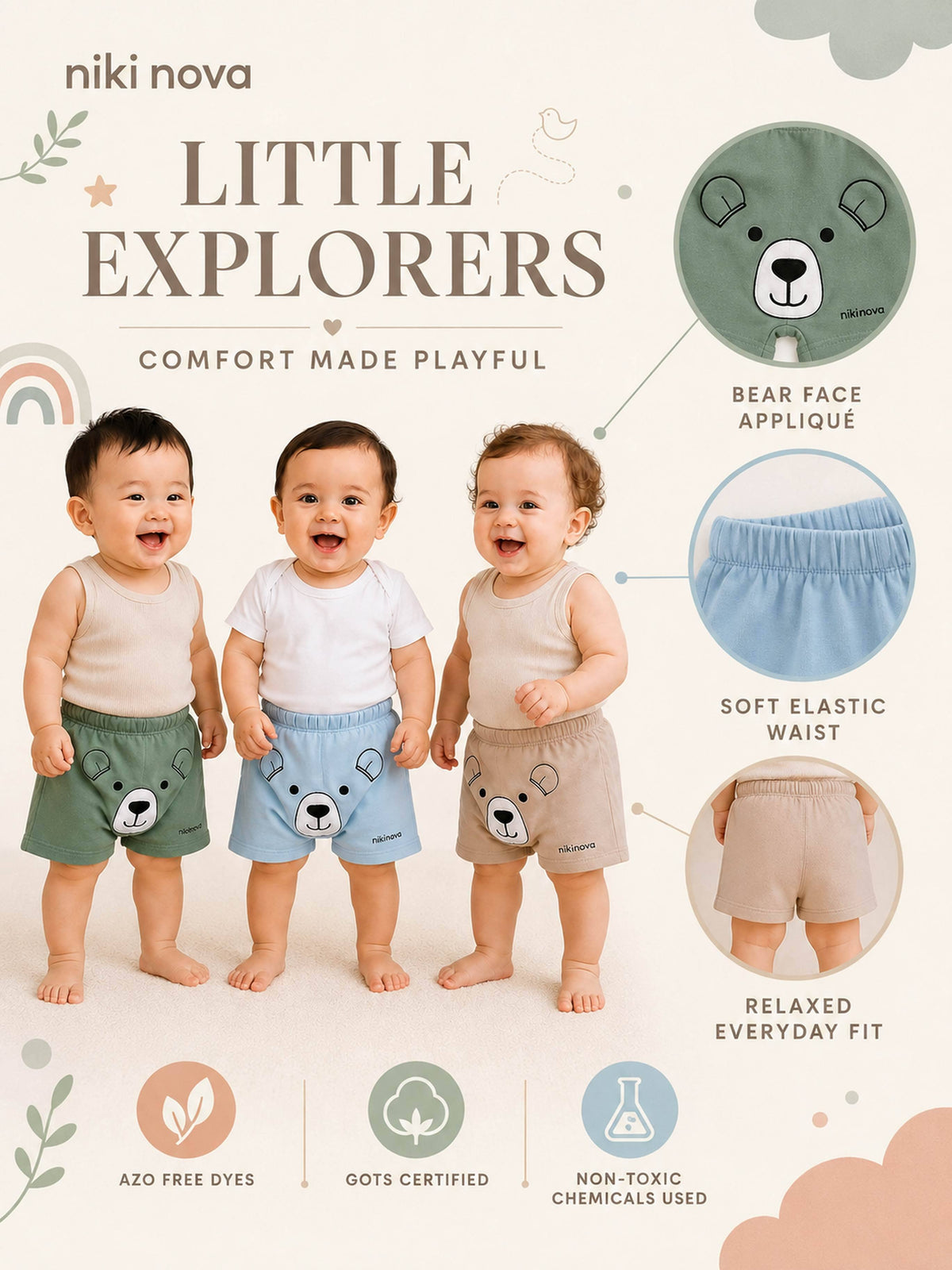 Niki Nova Baby Pull-On Shorts Soft Cotton for Baby Boys & Girls