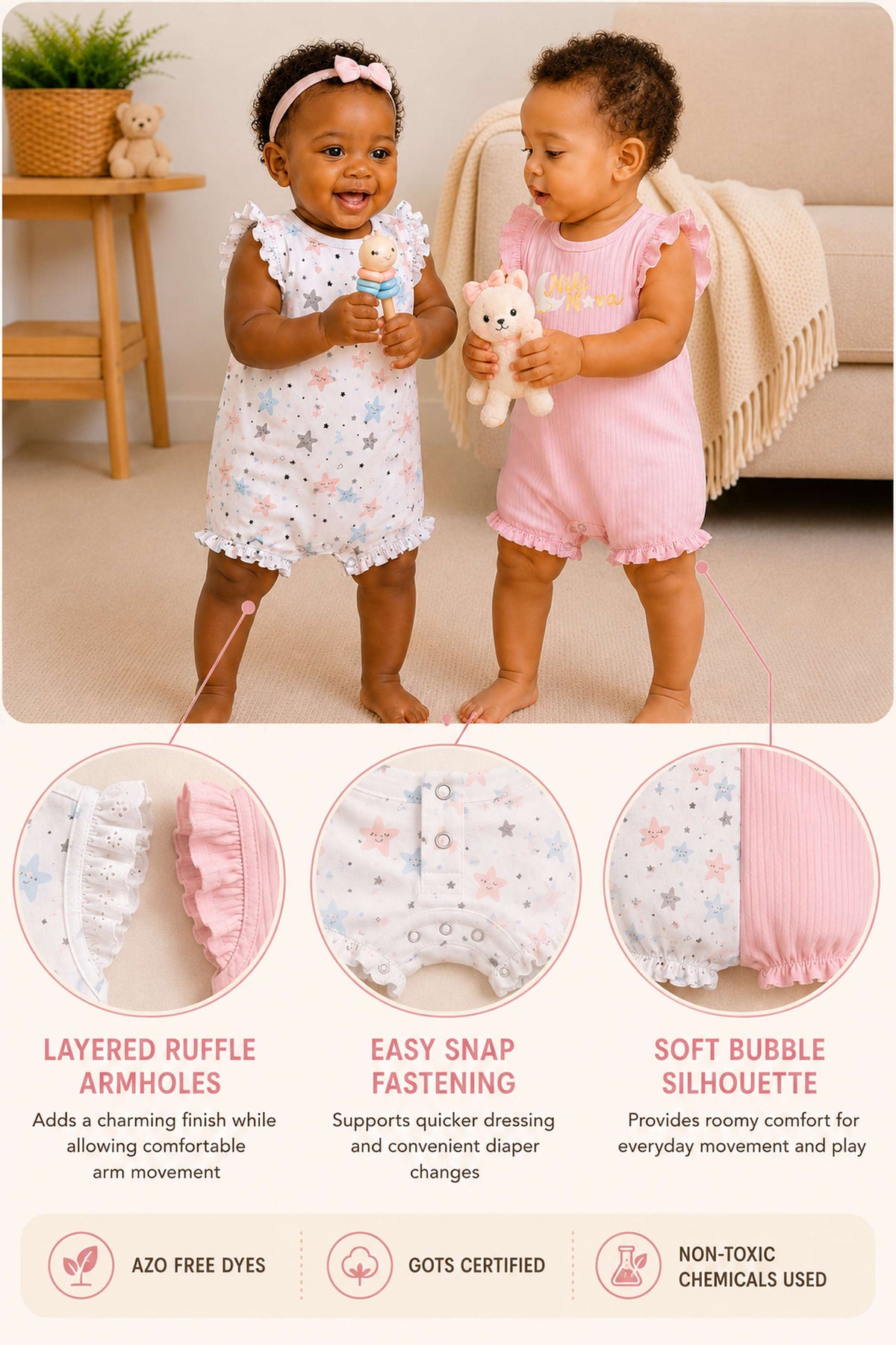 Niki Nova Baby Girls Flutter Sleeve Romper Set Soft Cotton