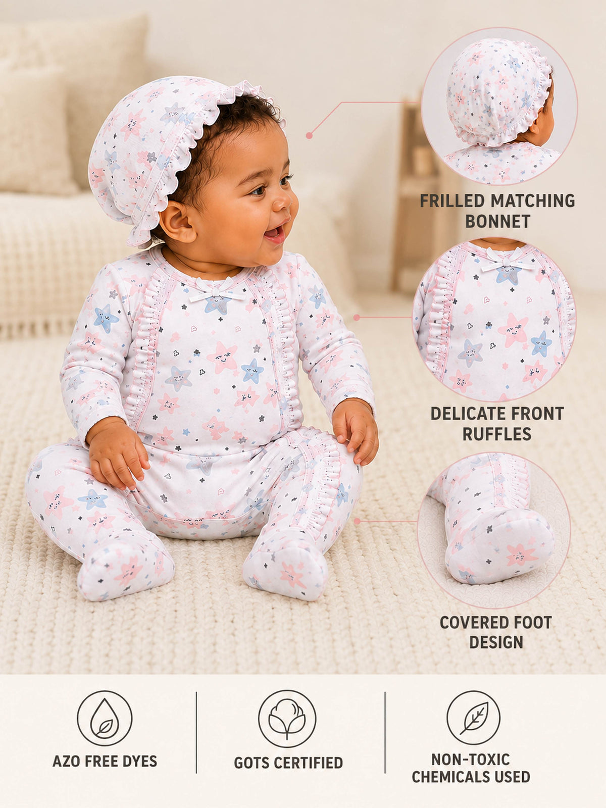 Niki Nova Baby Girls Footed Sleepsuit Soft Cotton Side Snap
