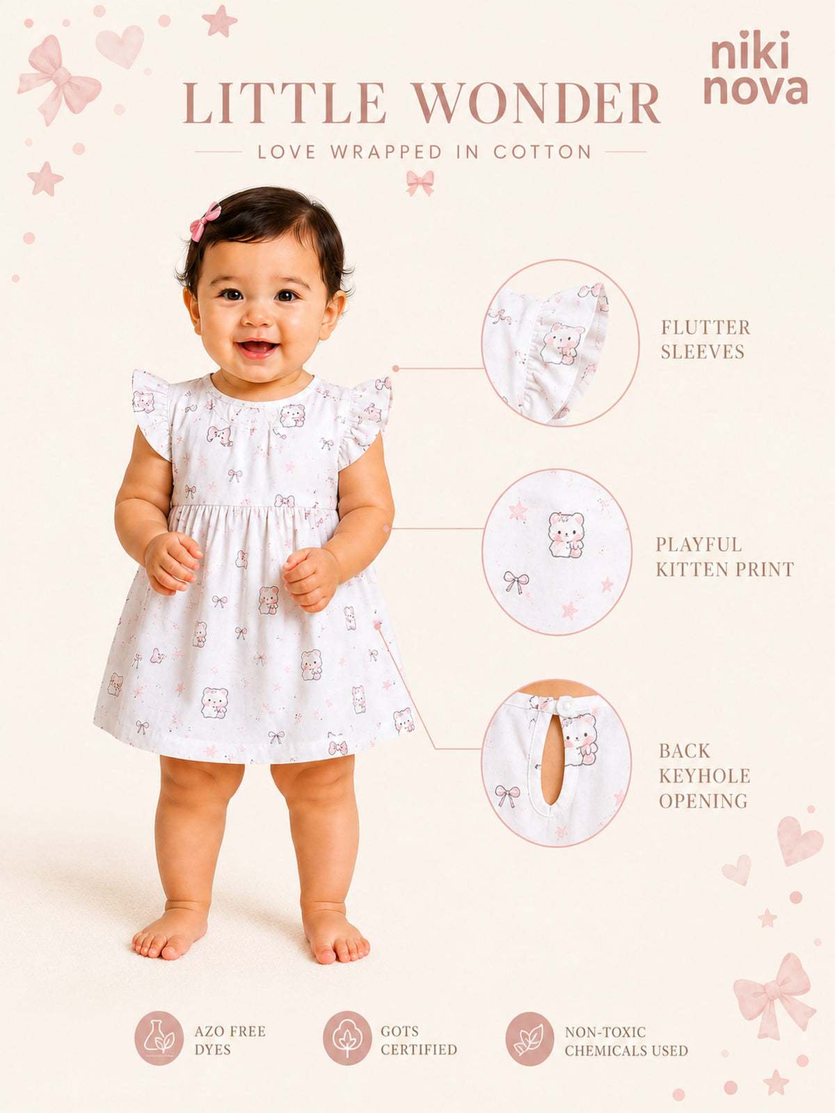 Niki Nova Baby Girls Flutter Dress Soft Cotton Everyday Wear