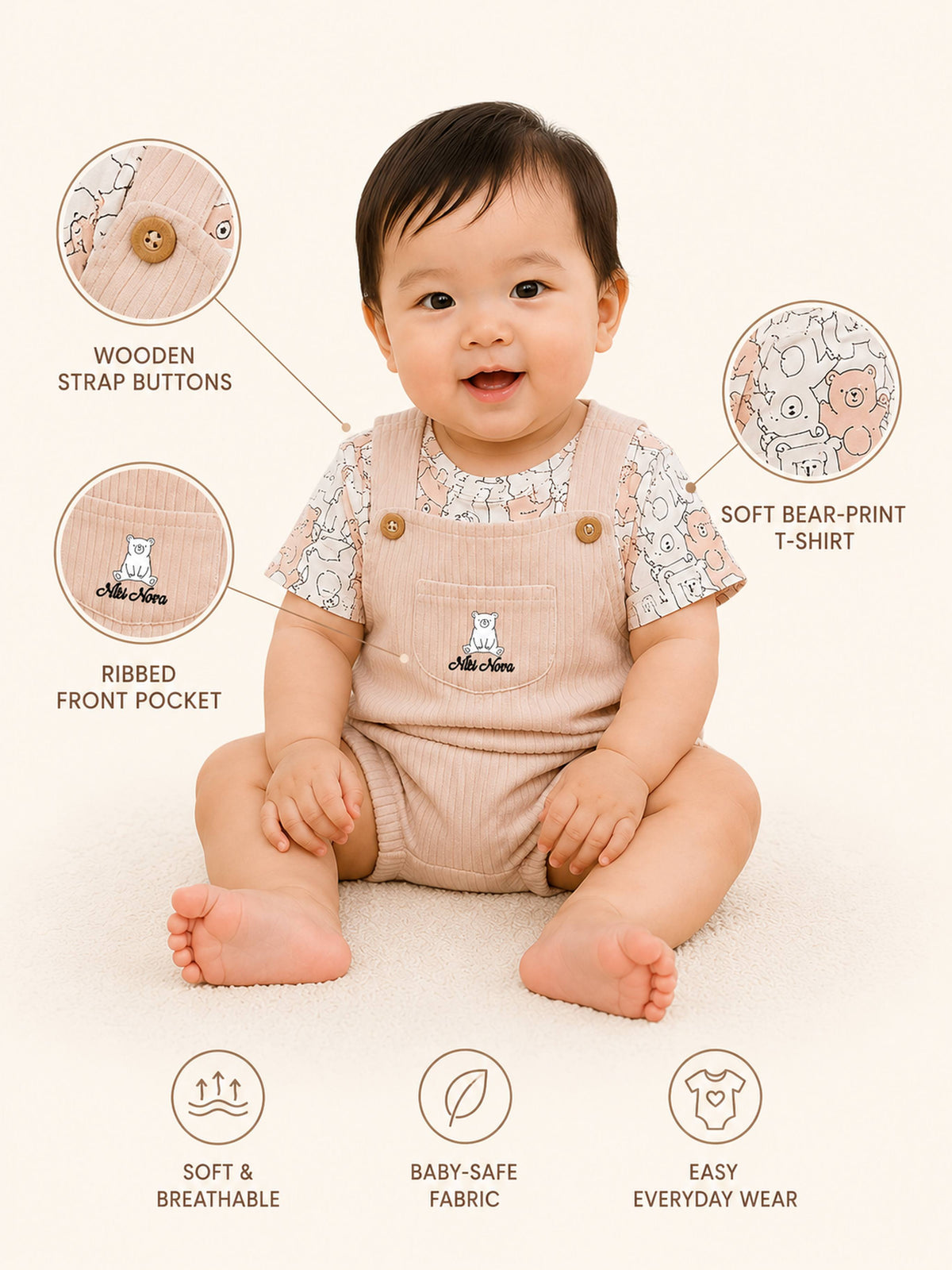 Niki Nova Baby Bodysuit & Bubble Shorts Set Soft Cotton Unisex