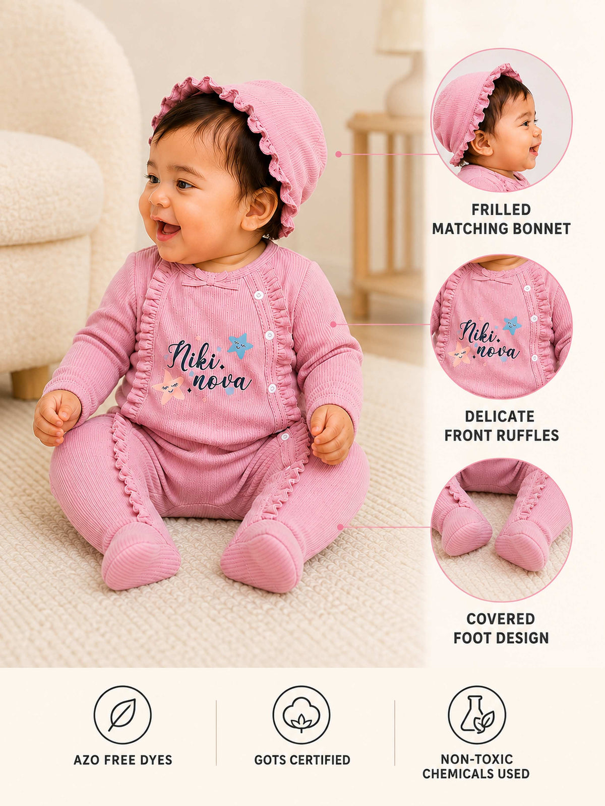 Niki Nova Baby Girls Footed Sleepsuit Soft Cotton Side Snap