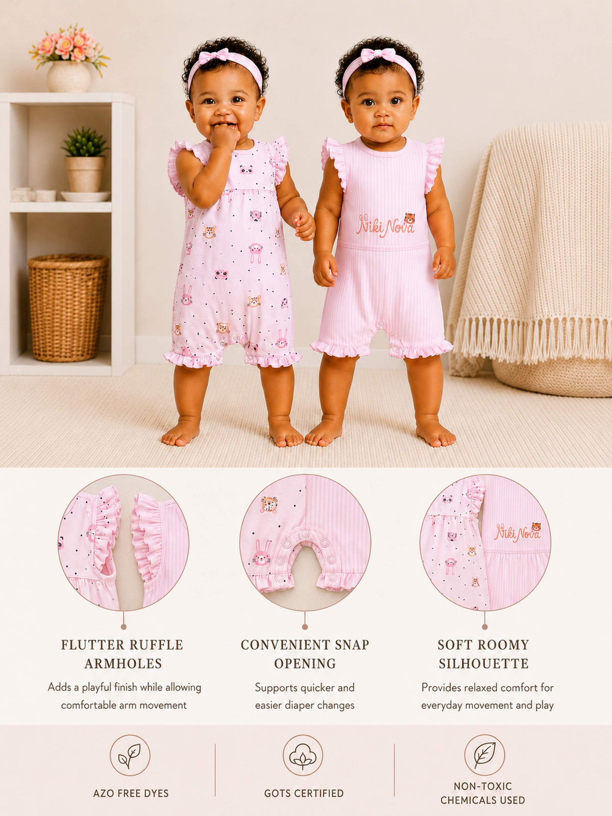 Niki Nova Baby Girls Flutter Sleeve Romper Set Soft Cotton
