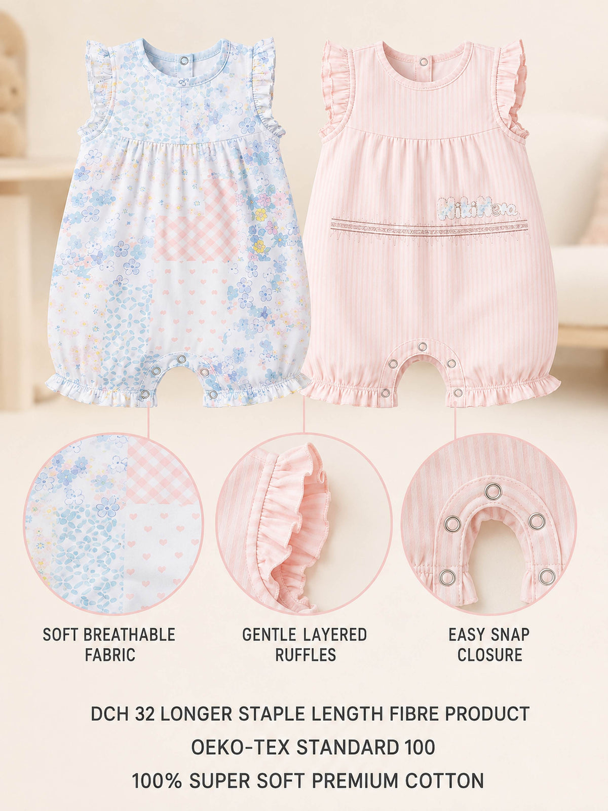 Niki Nova Baby Girls Flutter Sleeve Romper Set Soft Cotton