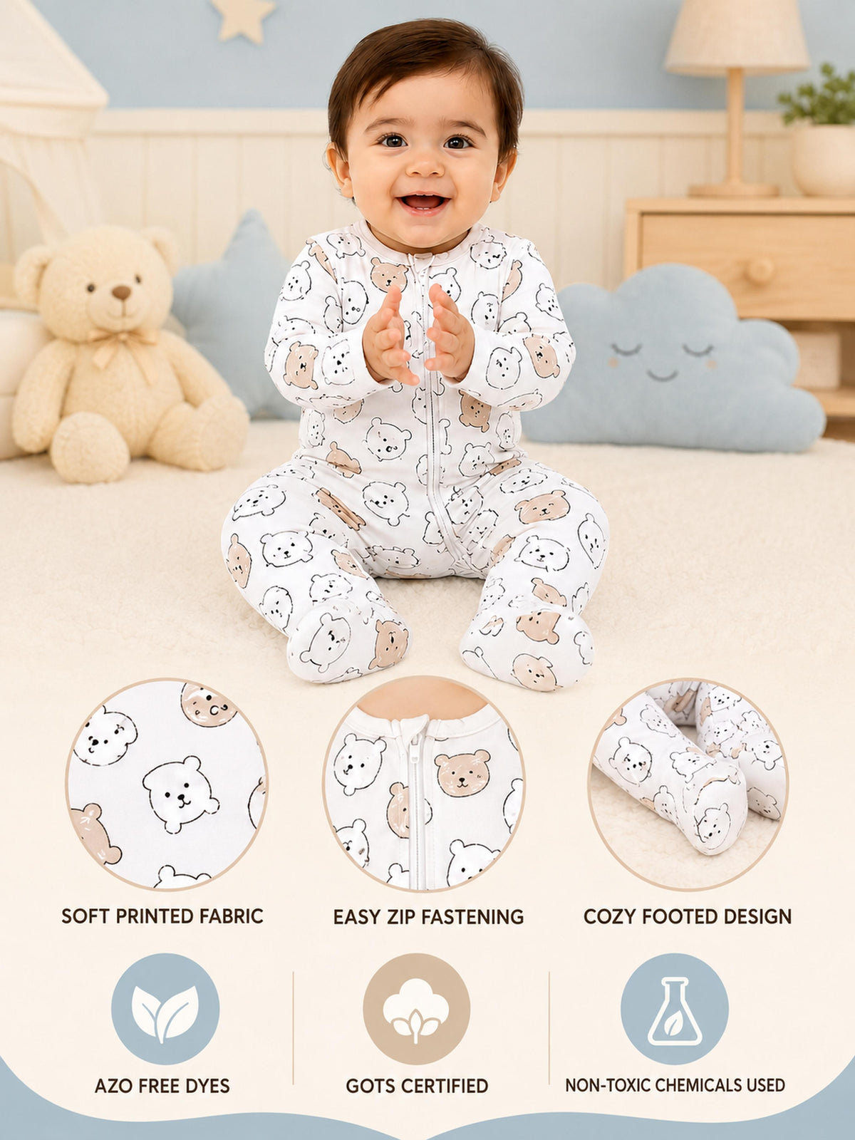 Niki Nova Baby Zip Sleepsuit Soft Cotton for Baby Boys & Girls