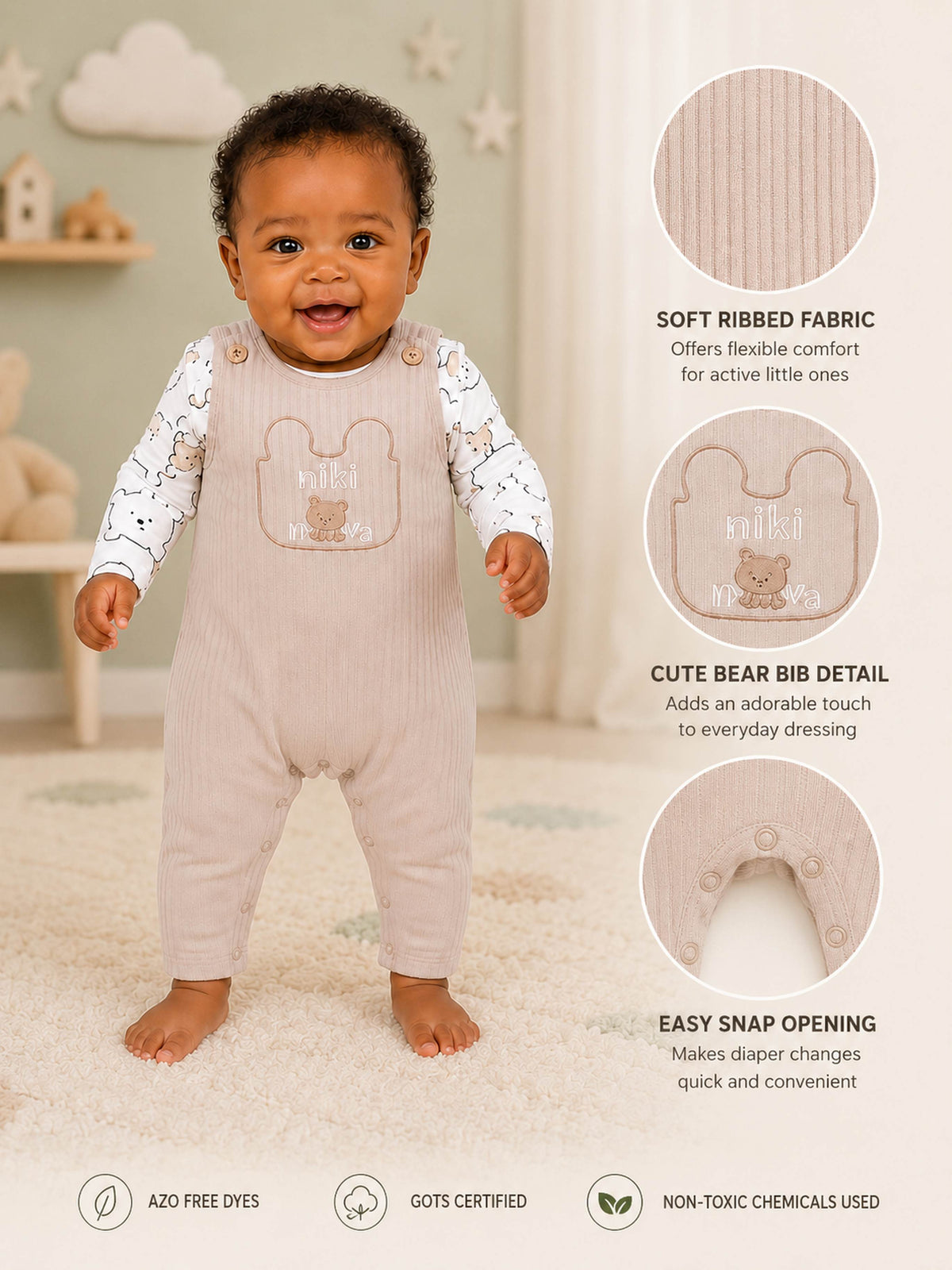 Niki Nova Baby Dungaree Set Soft Ribbed for Baby Boys & Girls