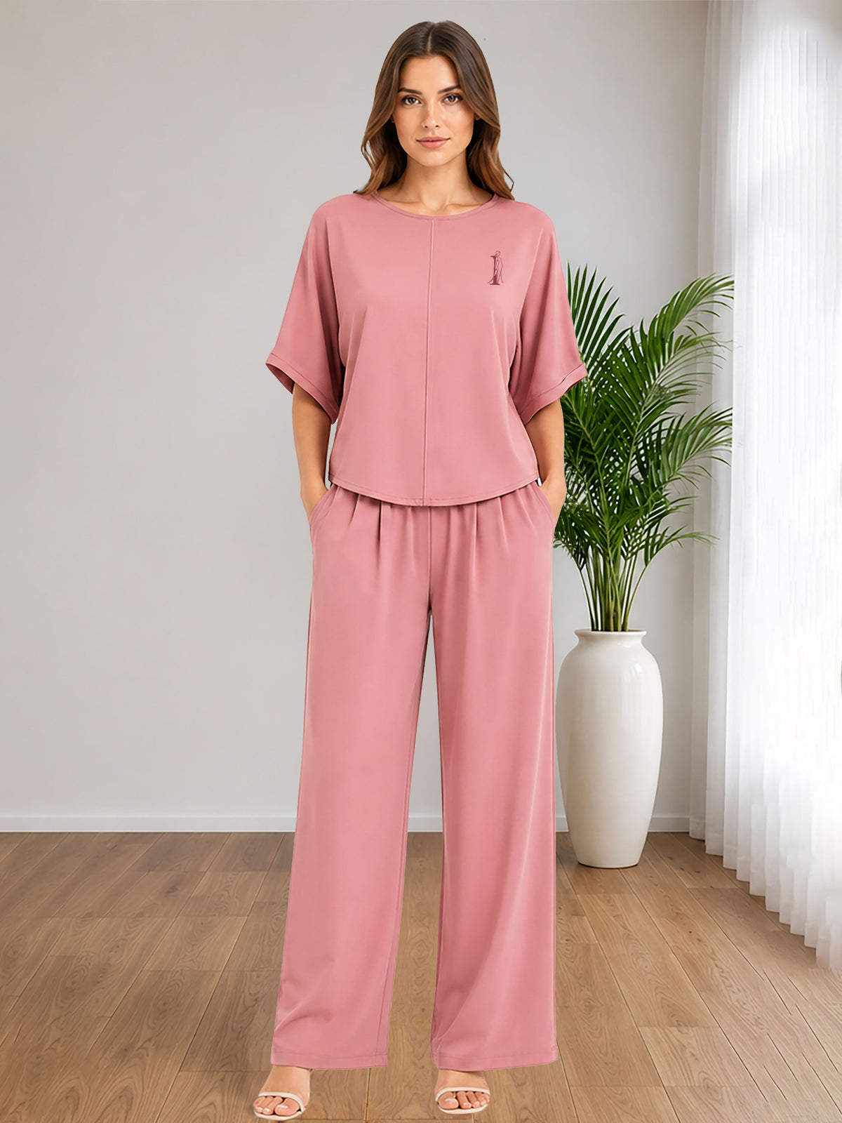 Zarelle Women's Cotton Top and Wide-Leg Trouser Co-Ord Set
