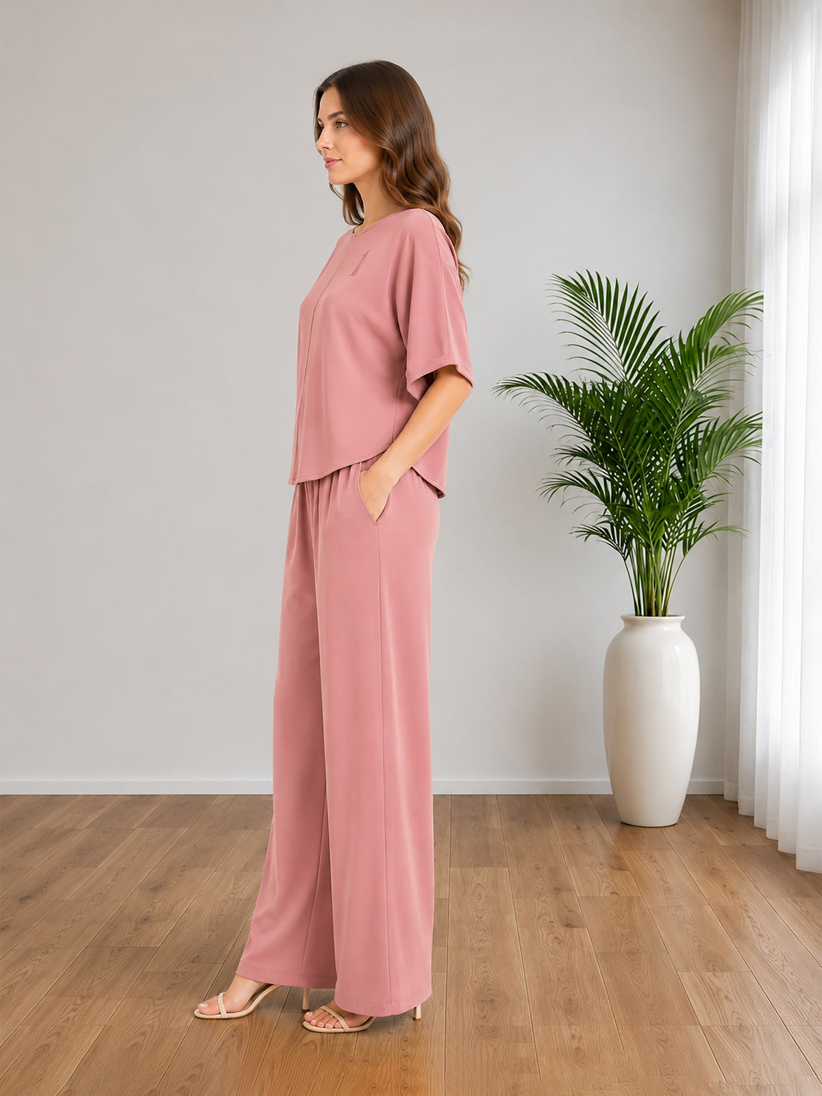 Zarelle Women's Cotton Top and Wide-Leg Trouser Co-Ord Set