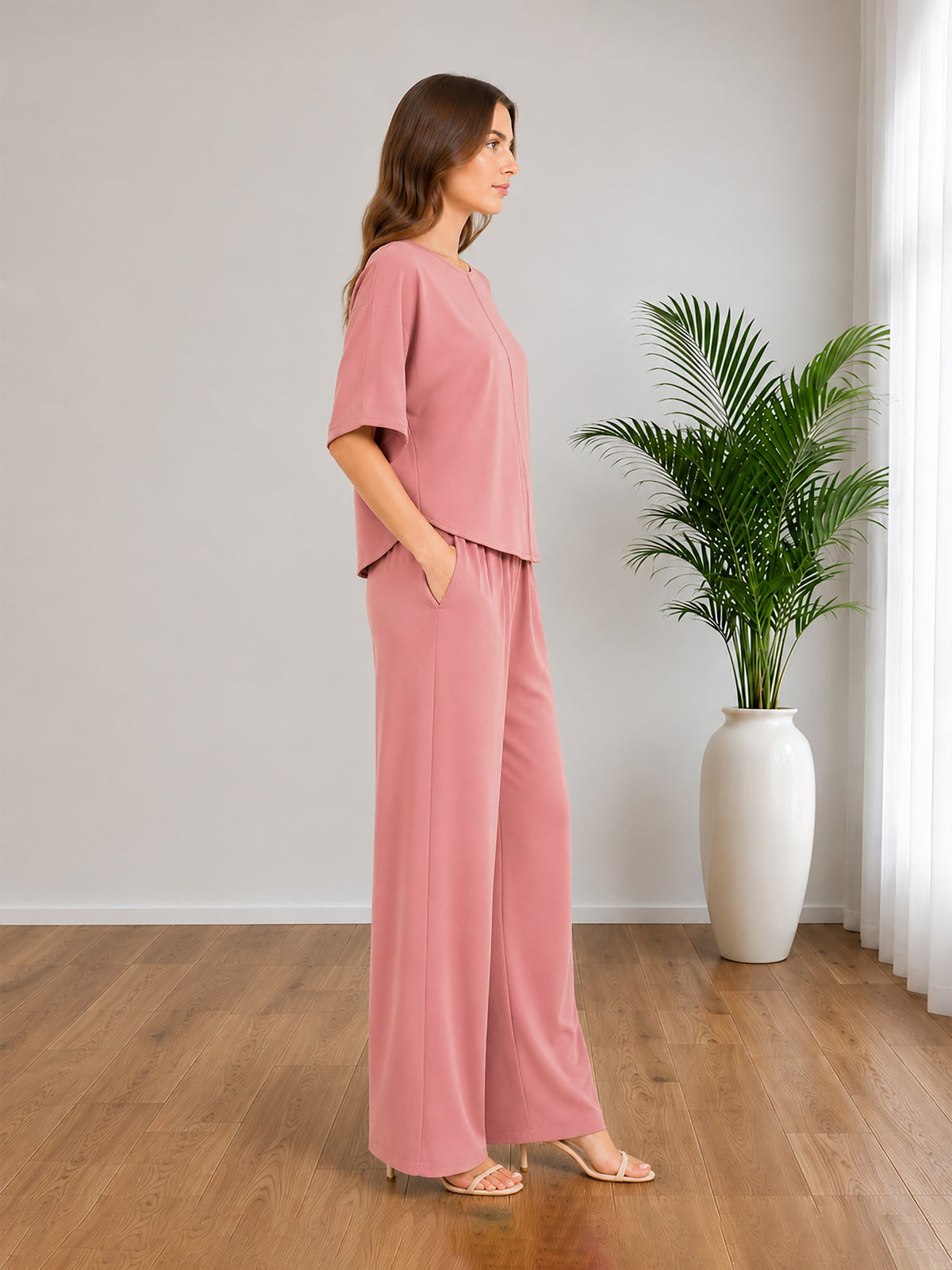 Zarelle Women's Cotton Top and Wide-Leg Trouser Co-Ord Set