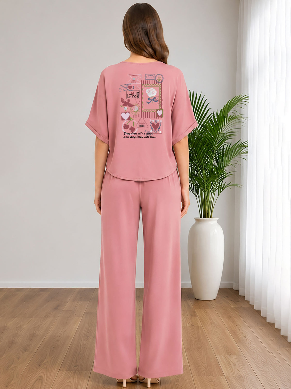 Zarelle Women's Cotton Top and Wide-Leg Trouser Co-Ord Set