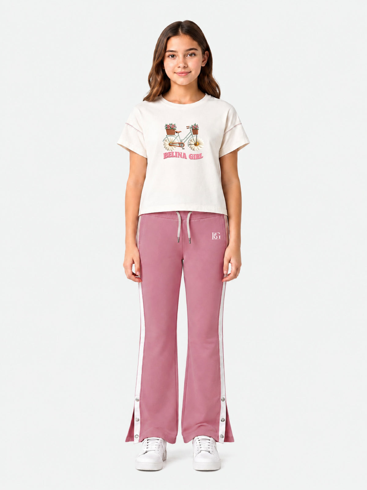 Belina Girl Girl's Cotton Relaxed Fit T-Shirt & Side Stripe Pants Co-ord Set