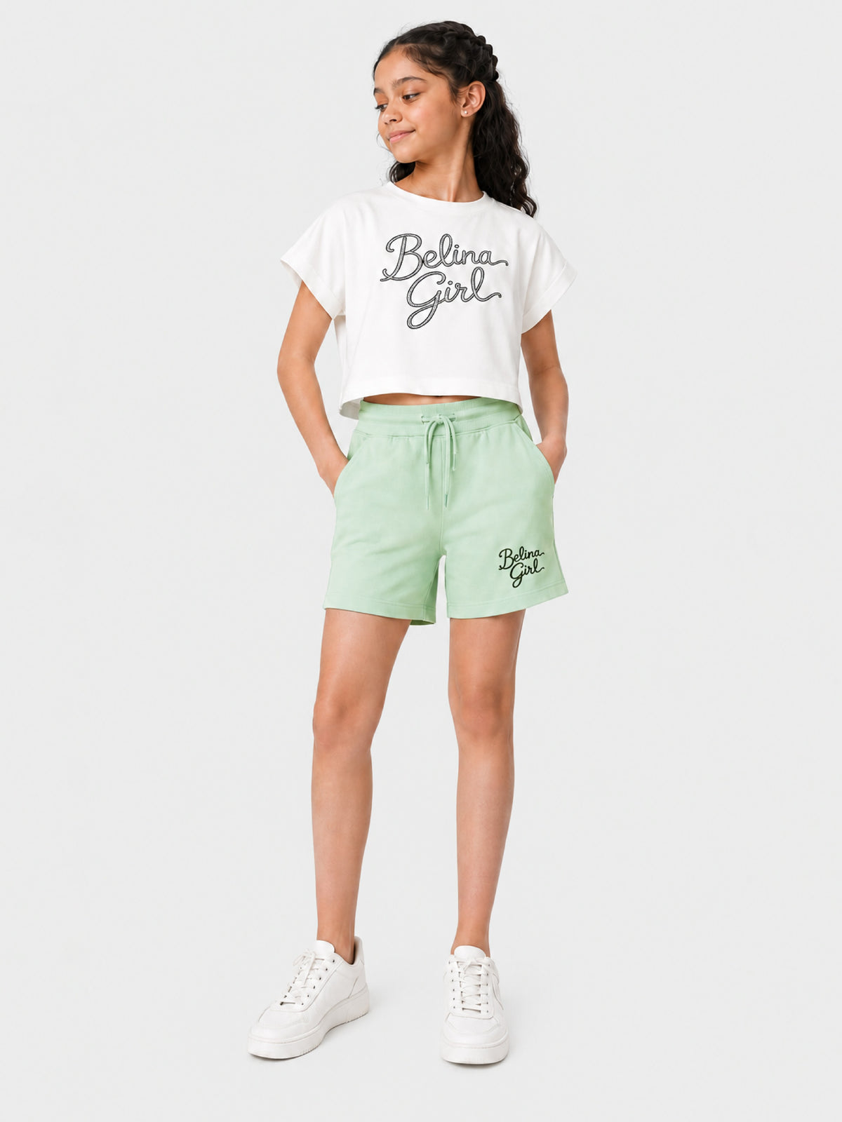 Belina Girl Girl's Cotton Crop T-Shirt & Mint Shorts Co-ord Set