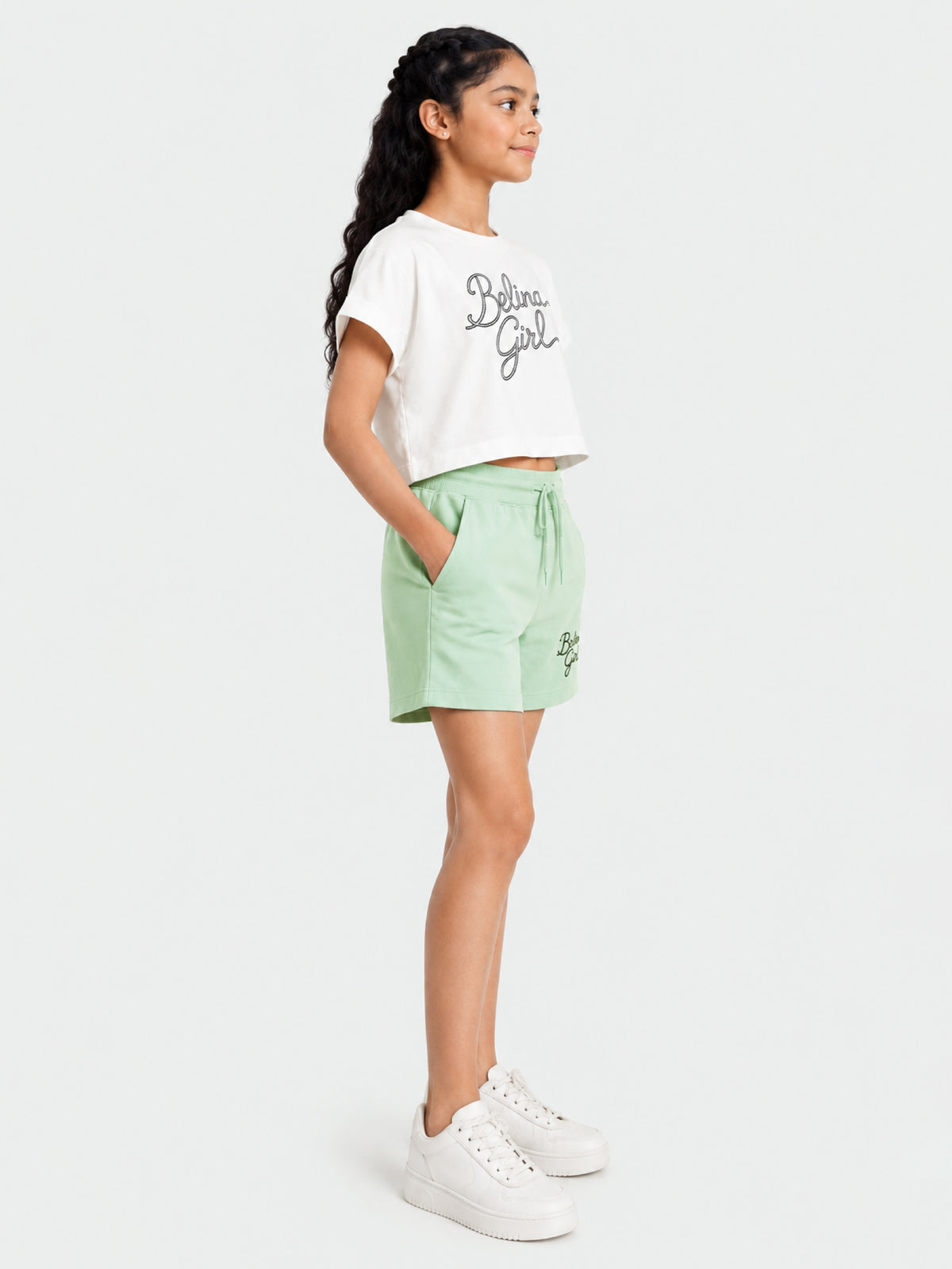 Belina Girl Girl's Cotton Crop T-Shirt & Mint Shorts Co-ord Set