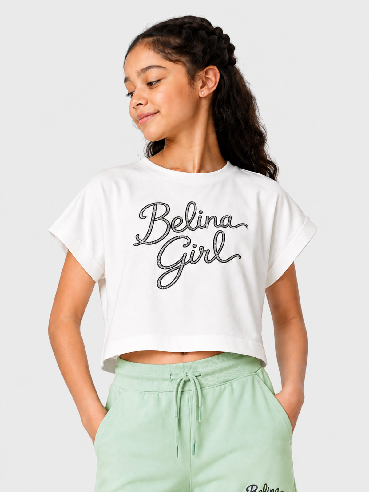 Belina Girl Girl's Cotton Crop T-Shirt & Mint Shorts Co-ord Set