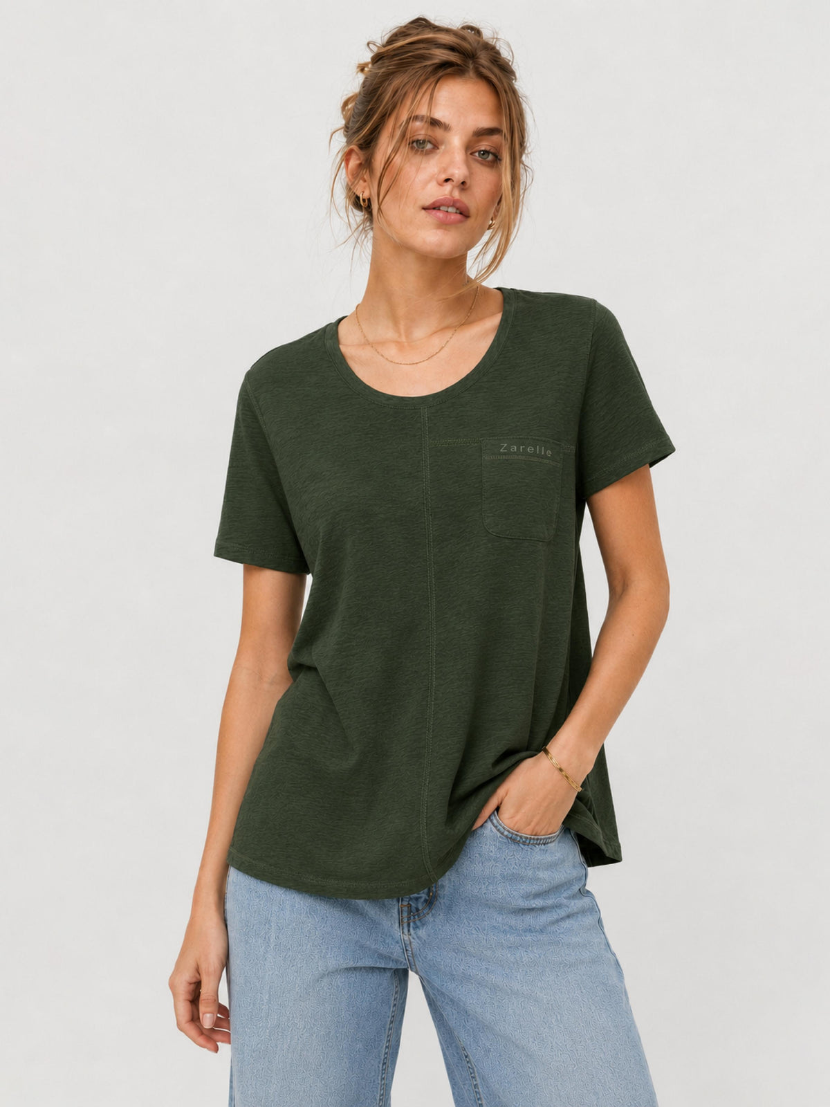 Zarelle Women's Cotton Slub Relaxed Fit Pocket T-Shirt