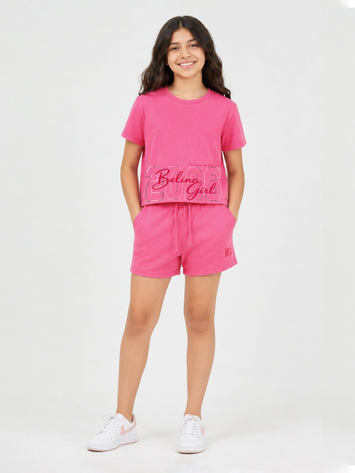 Belina Girl Girl's Cotton Relaxed Fit T-Shirt Shorts Co-Ord Set