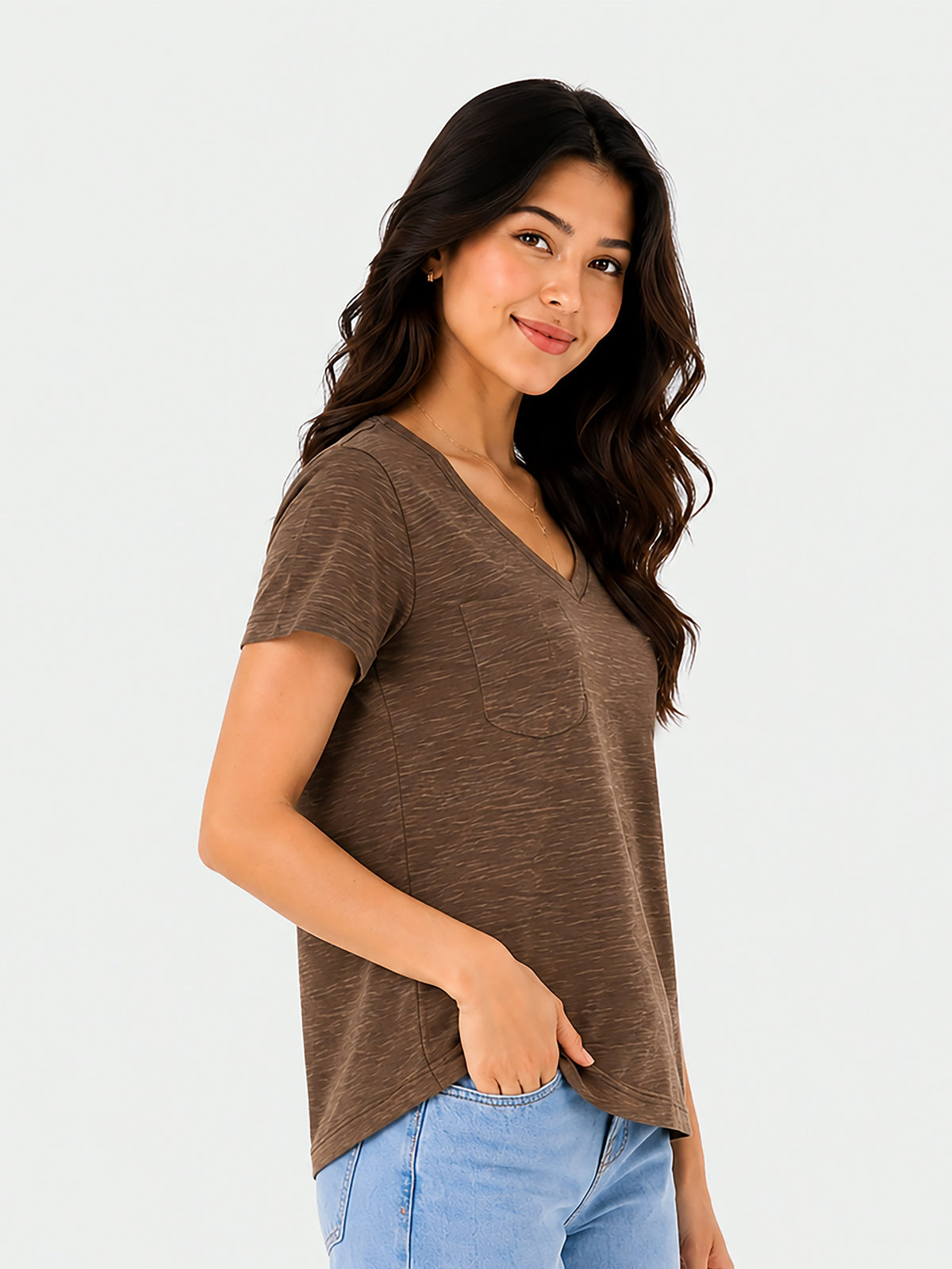 Zarelle Women's Cotton V-Neck Relaxed Fit Pocket T-Shirt