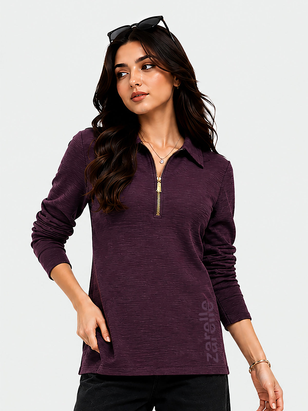 Zarelle Women's Cotton Long Sleeve Zip Collar T-Shirt