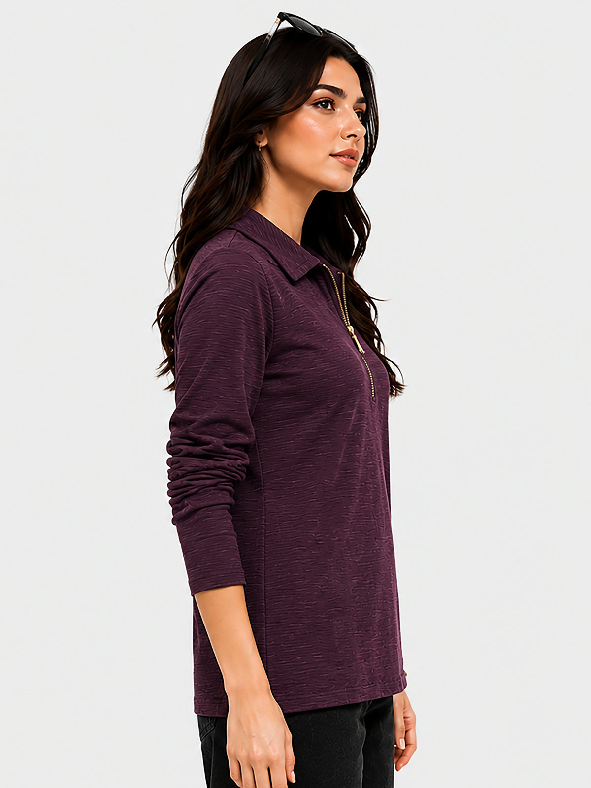 Zarelle Women's Cotton Long Sleeve Zip Collar T-Shirt