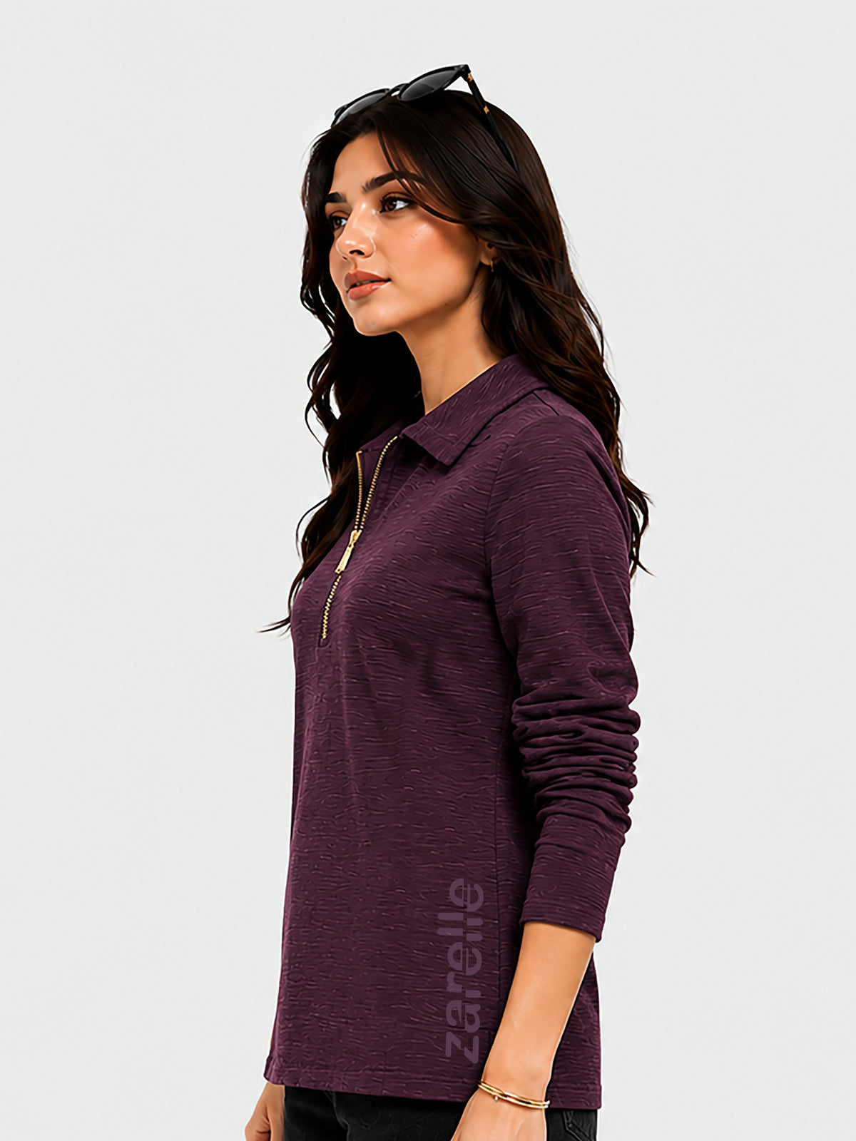 Zarelle Women's Cotton Long Sleeve Zip Collar T-Shirt
