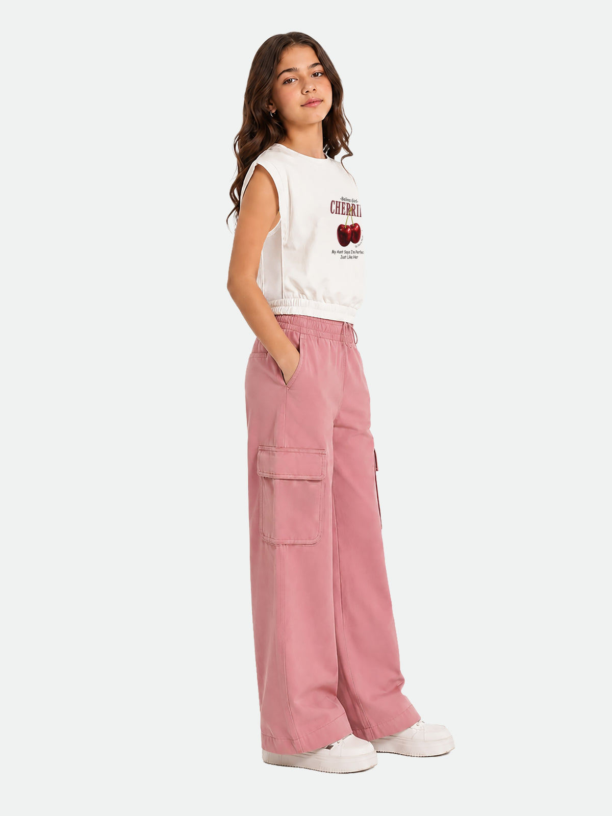 Belina Girl Girl's Cotton Relaxed Fit Top & Wide Leg Cargo Pants Co-ord Set