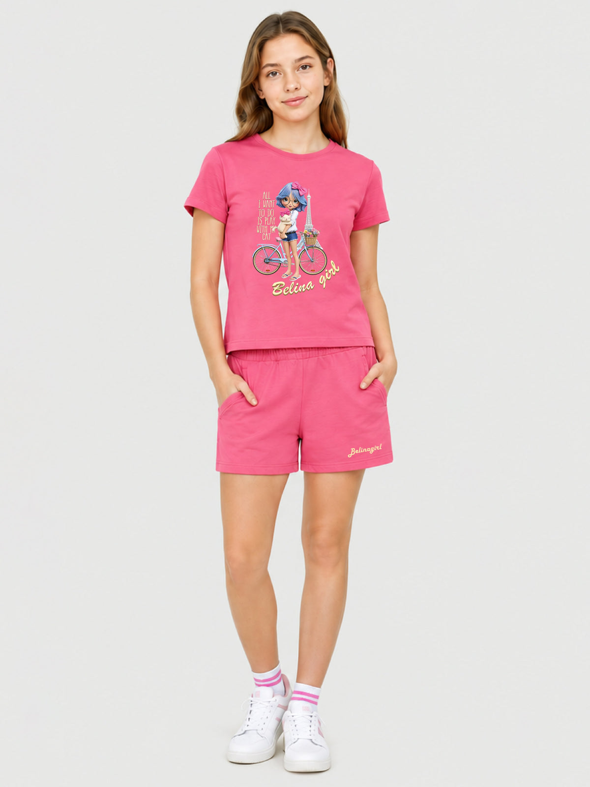 Belina Girl Girl's Pink Cotton T-Shirt & Shorts Co-ord Set