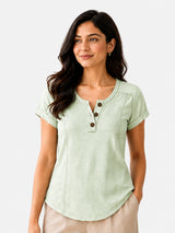 Zarelle Women's Cotton Button Neck Casual Top