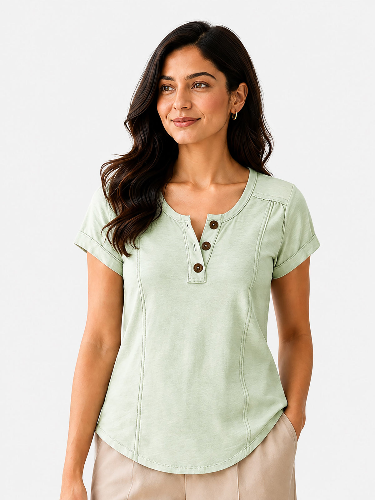 Zarelle Women's Cotton Button Neck Casual Top