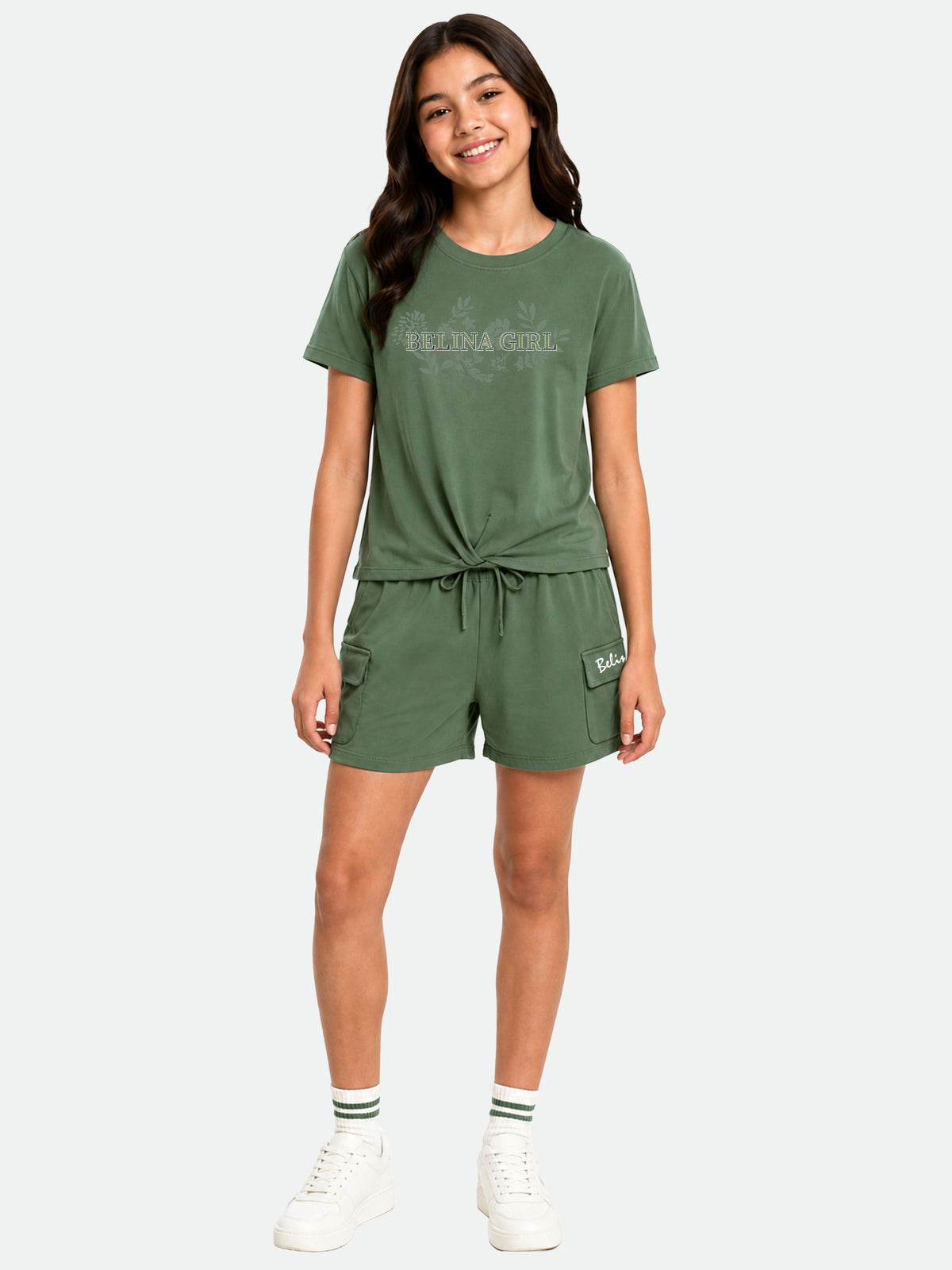 Belina Girl Girl's Cotton Regular Fit T-Shirt & Cargo Shorts Co-ord Set
