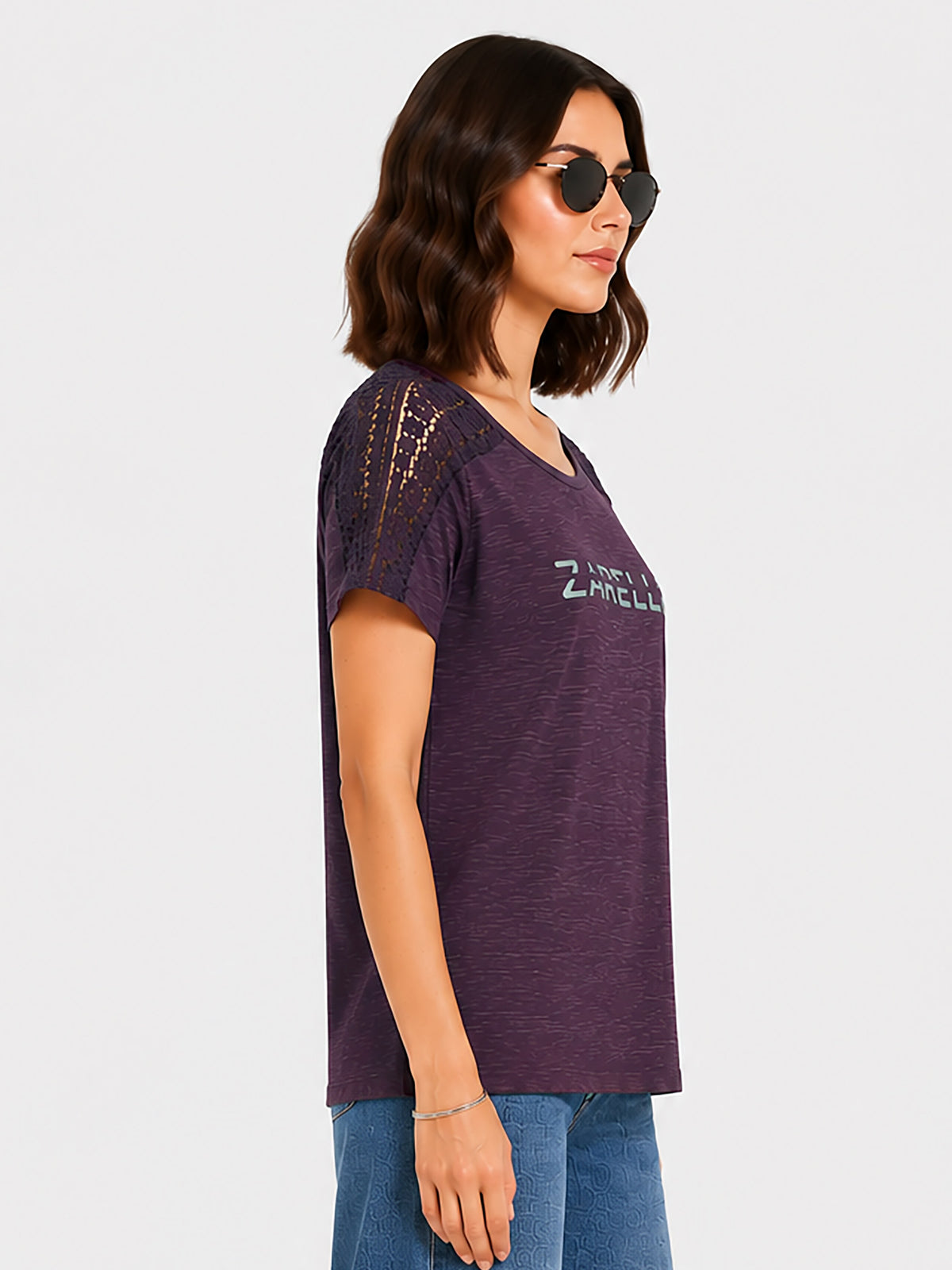 Zarelle Women's Cotton Lace Sleeve T-Shirt