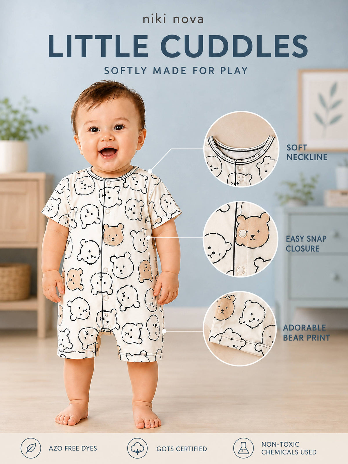 Niki Nova Baby Teddy Print Romper Soft Cotton for Baby Boys & Girls