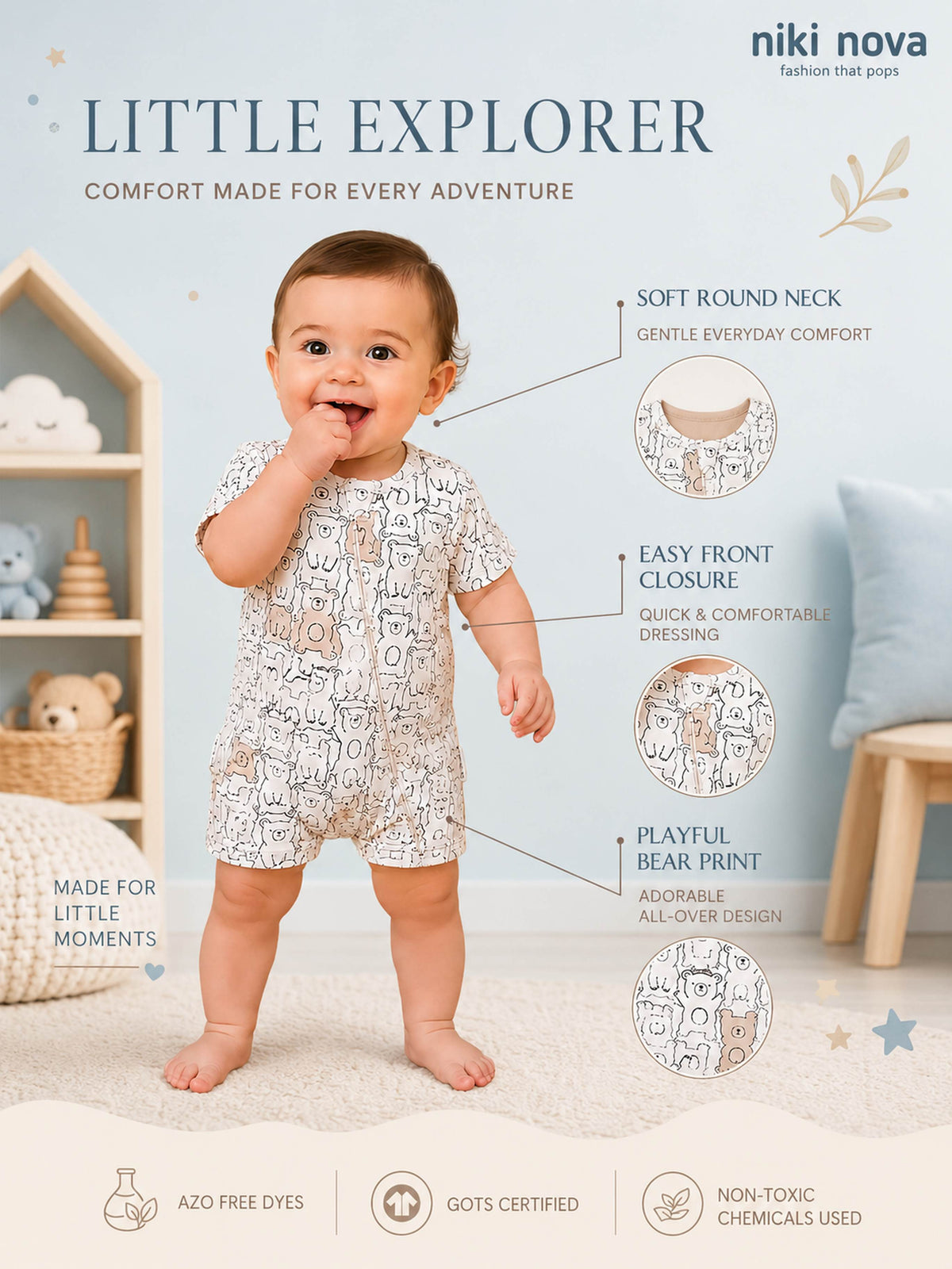 Niki Nova Baby Short Zip Romper Soft Cotton for Baby Boys & Girls