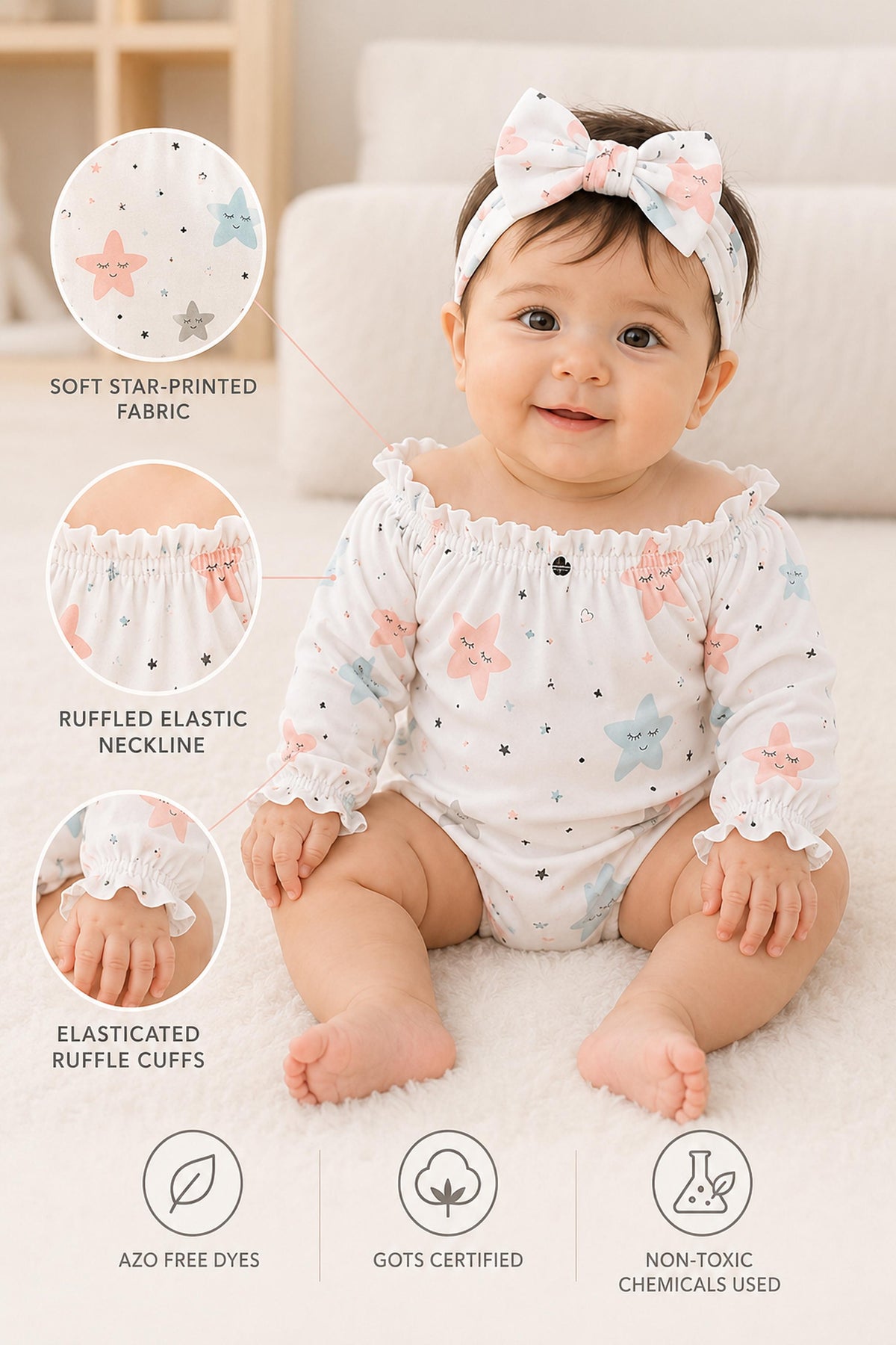 Niki Nova Baby Girls Star Print Bubble Suit Soft Cotton Romper