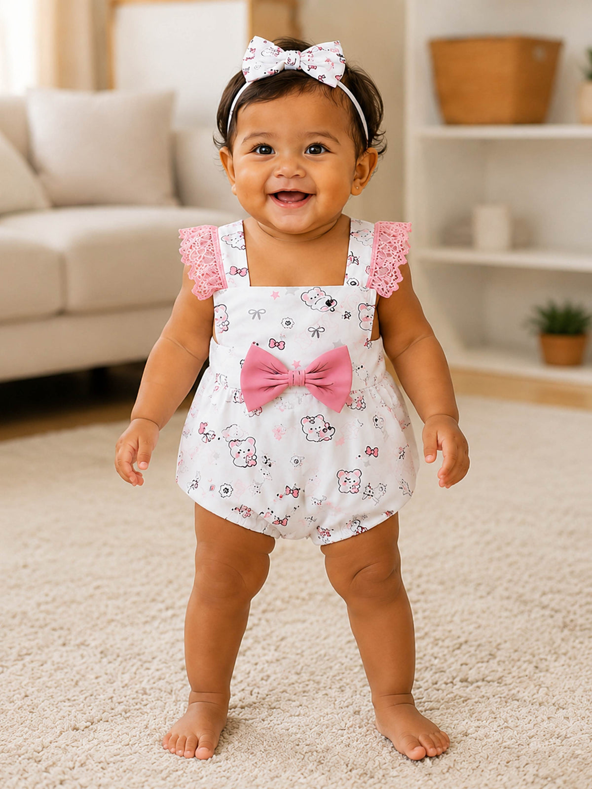 Niki Nova Baby Girls Lace Sleeve Romper Soft Cotton with Bow