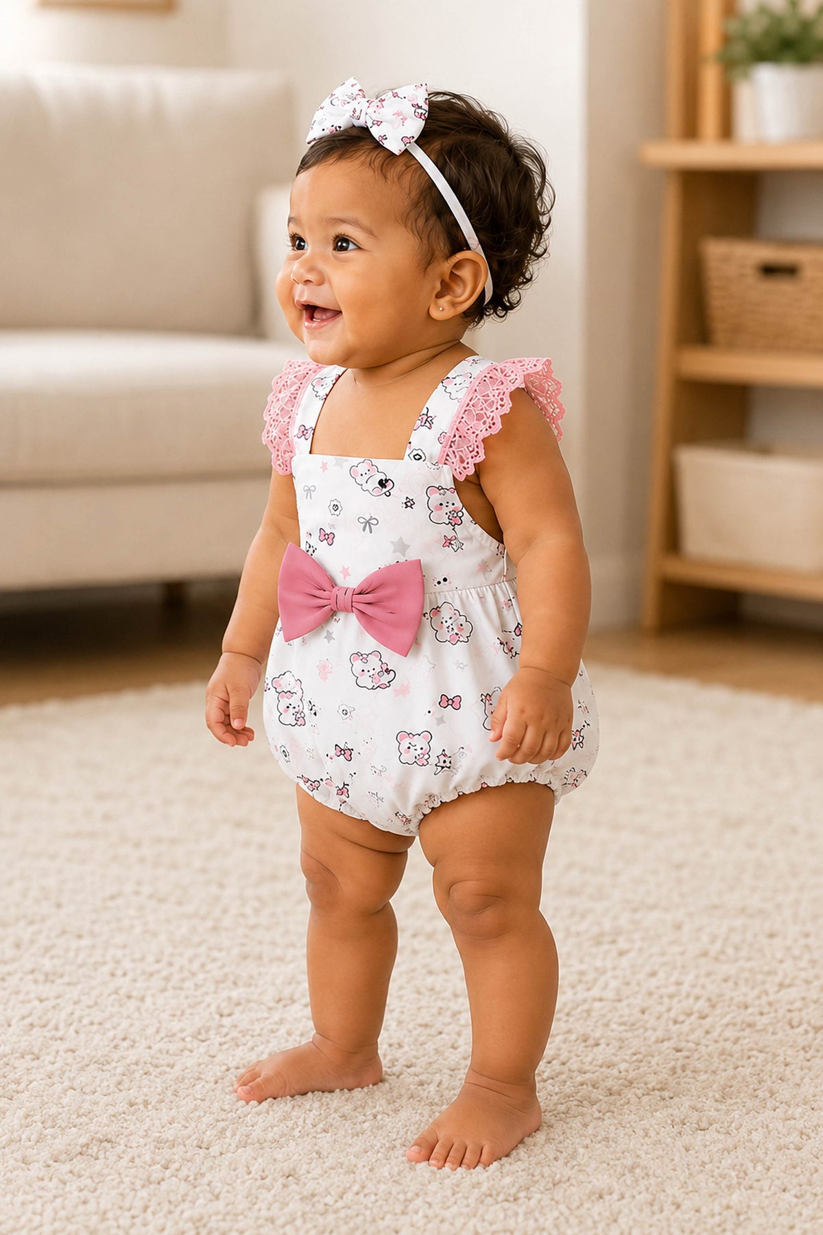 Niki Nova Baby Girls Lace Sleeve Romper Soft Cotton with Bow