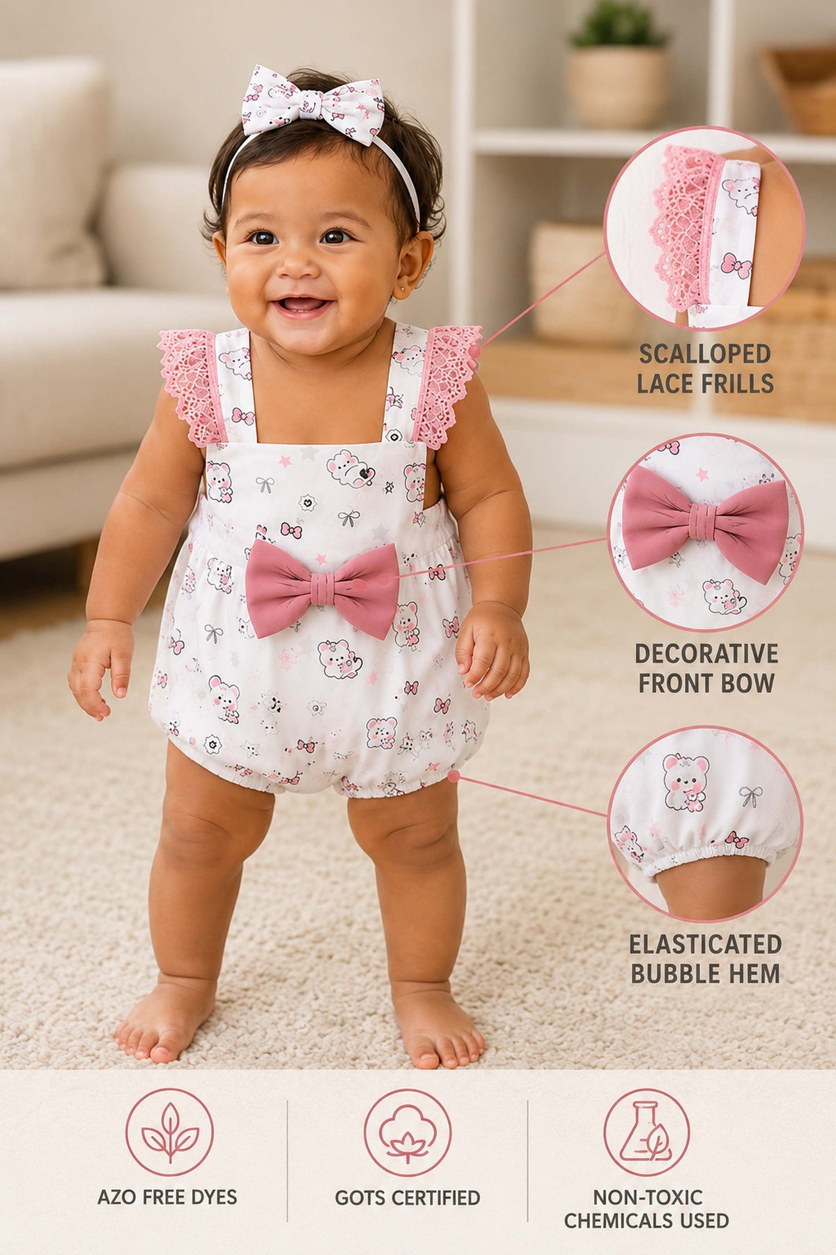 Niki Nova Baby Girls Lace Sleeve Romper Soft Cotton with Bow