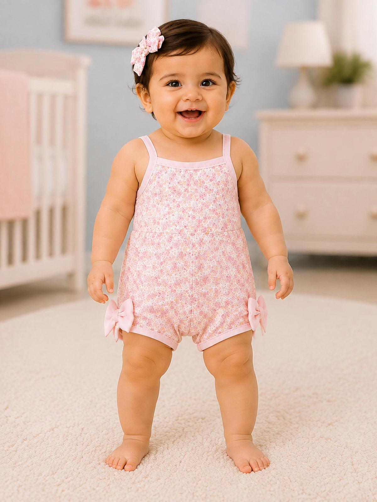 Niki Nova Baby Girls Floral Romper Soft Cotton with Bow Detail