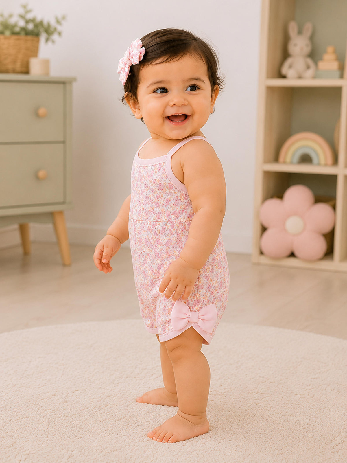 Niki Nova Baby Girls Floral Romper Soft Cotton with Bow Detail