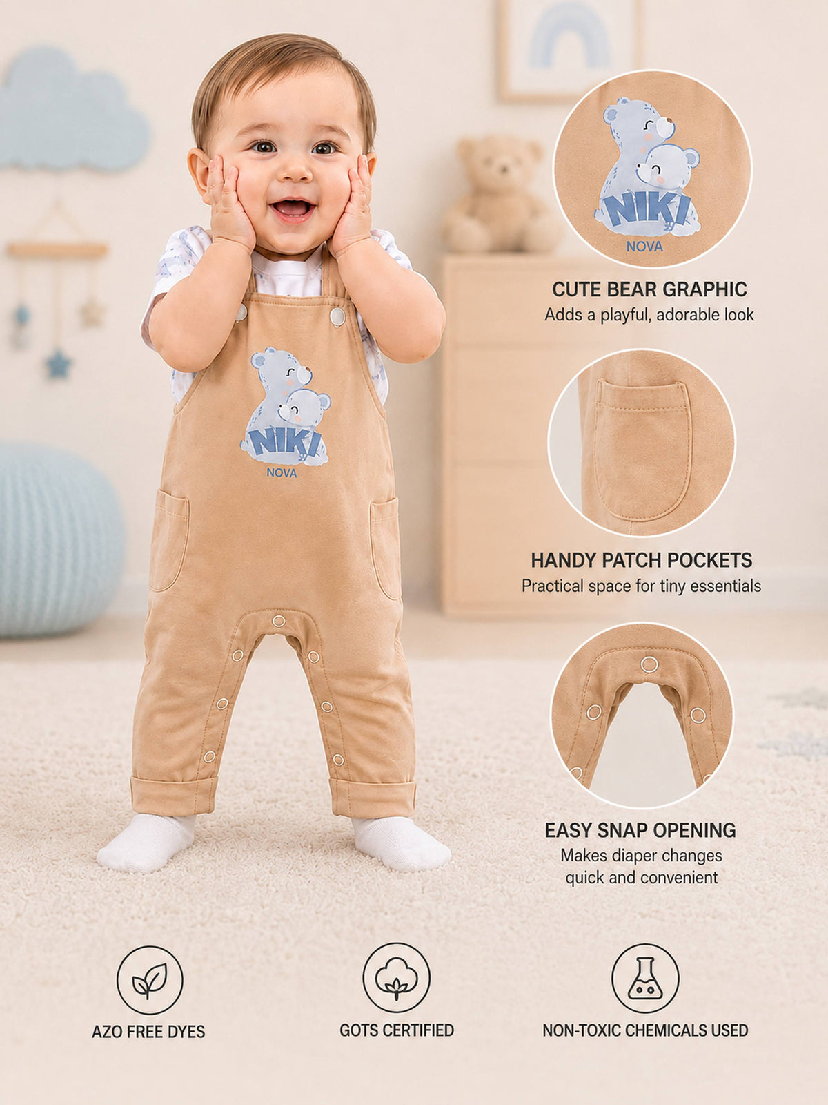 Niki Nova Baby Dungaree Romper Set Soft Cotton for All Babies