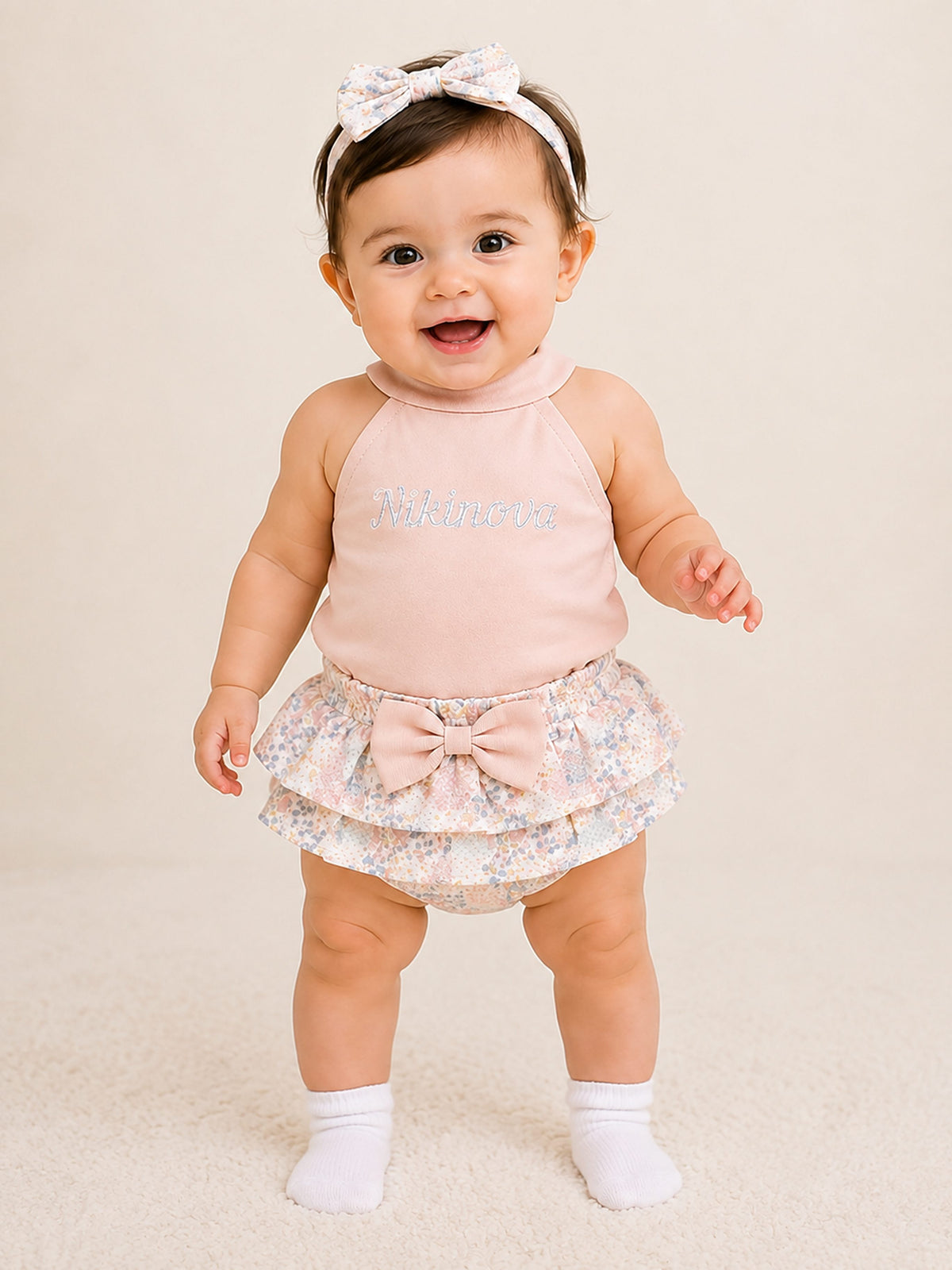 Niki Nova Baby Girls Ruffle Bloomer Set Soft Cotton with Bow