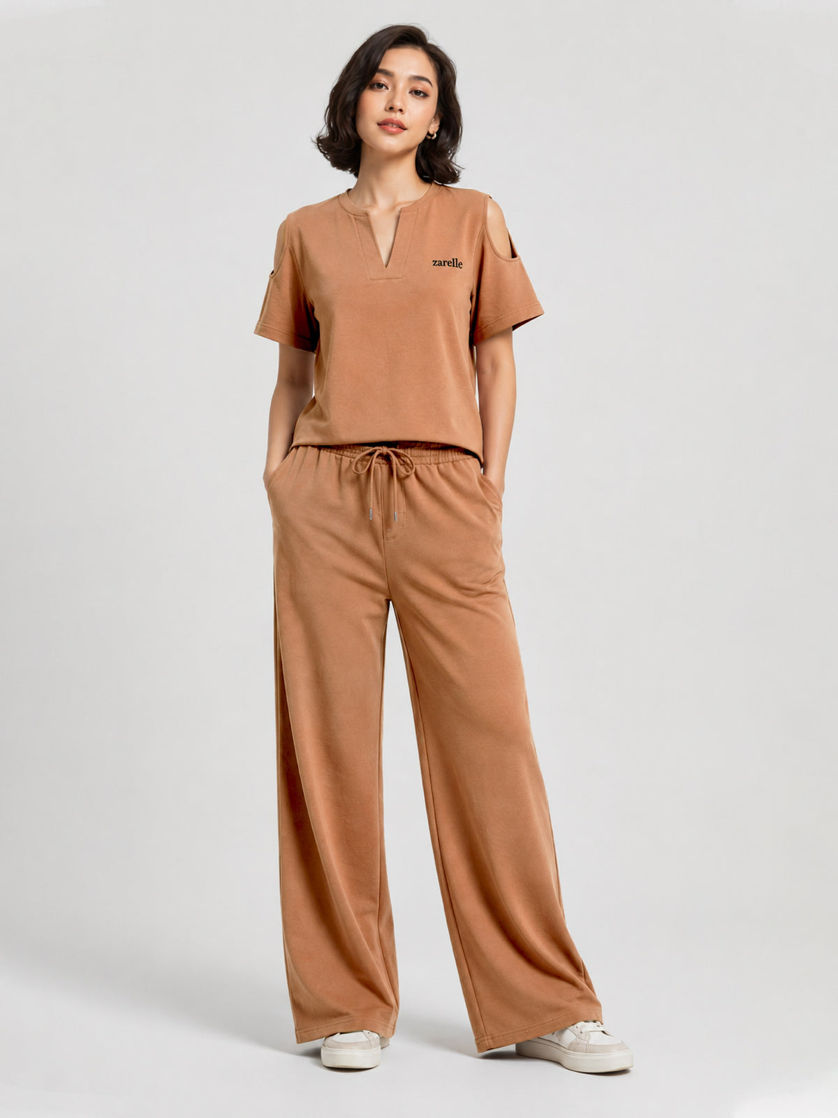 Zarelle Women's Cotton Top and Wide-Leg Trouser Co-Ord Set