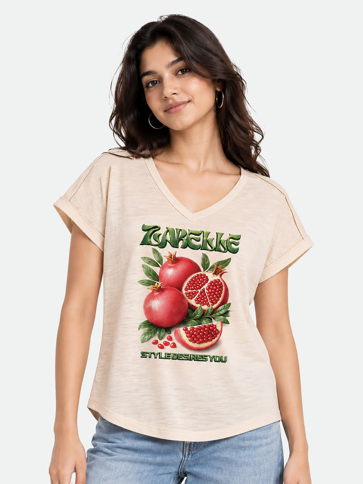 Zarelle Women's Cotton Relaxed Fit V-Neck Graphic T-Shirt