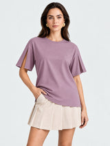 Zarelle Women's Cotton Relaxed Fit Split Sleeve T-Shirt