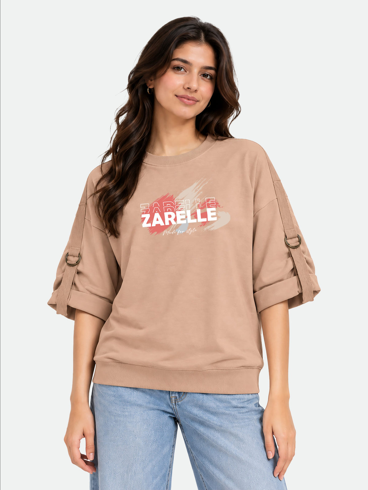 Zarelle Women's Cotton Relaxed Fit Graphic T-Shirt with D-Ring Strap Sleeve
